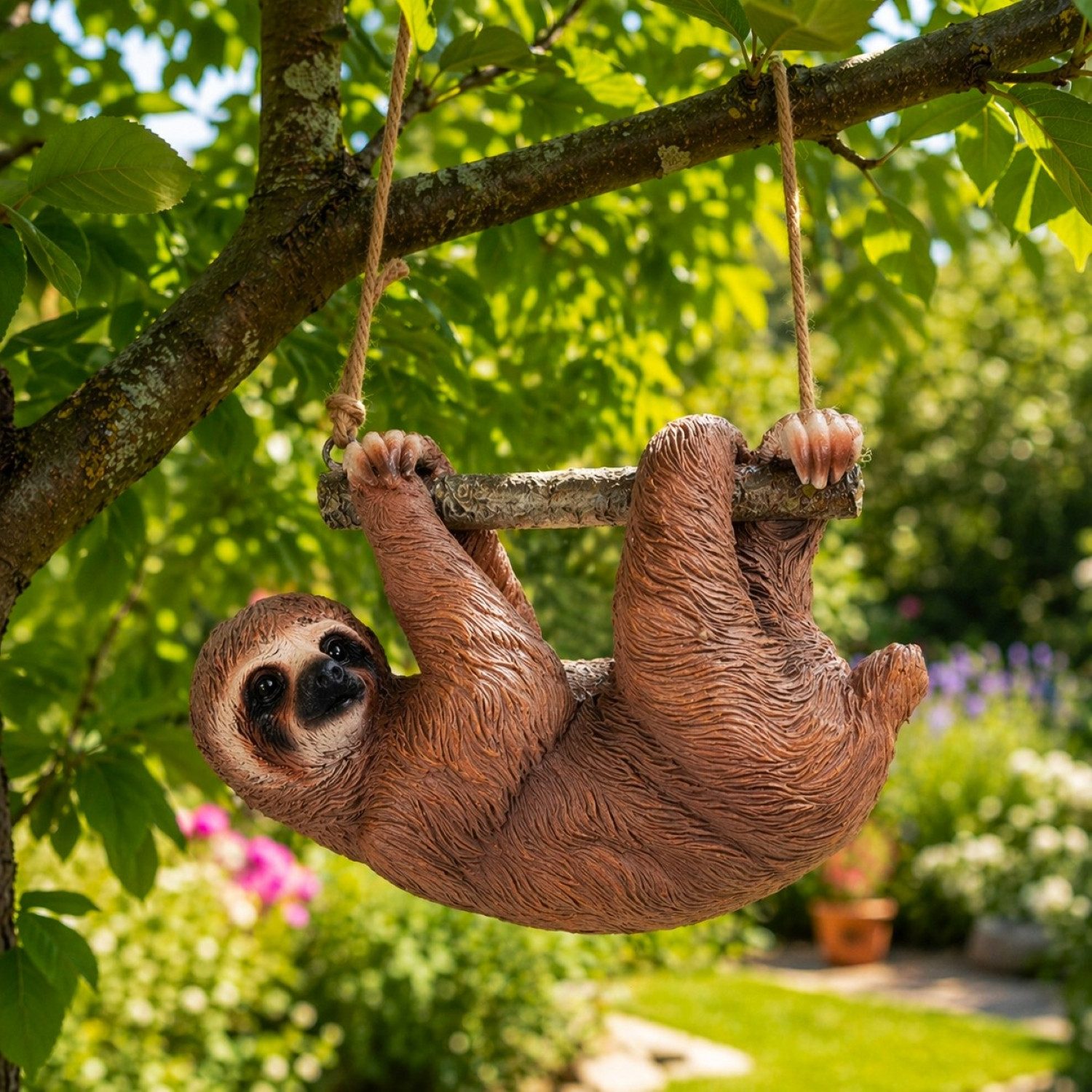 Online-Fuchs Gartenfigur für draußen - Faultier zum Aufhängen - Garten Deko Figuren, hängend 88, (wetterfest, Deko für Garten, Terrasse & Balkon), ca. 17 cm groß, mit Naturseil ca. 28 cm lang