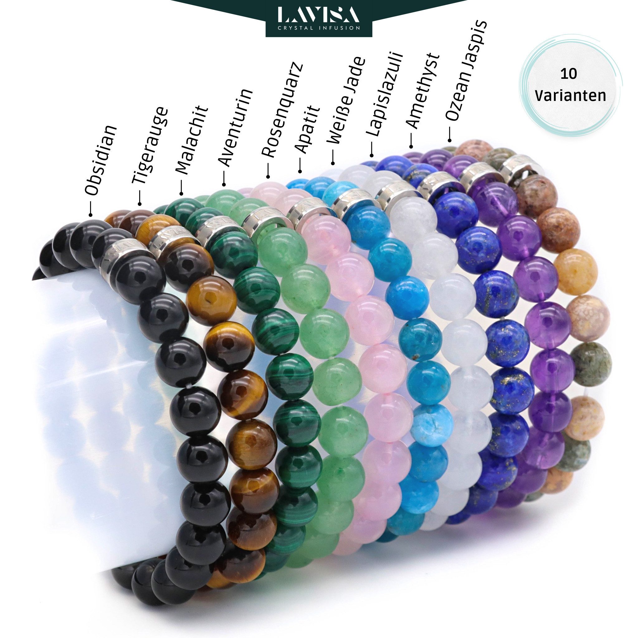 LAVISA Armband Armband Echte 8mm Edelstein Perlen, Kristalle, Onesize, Echte Edelsteine, Rostfreies Edelstahl, Wasserfest