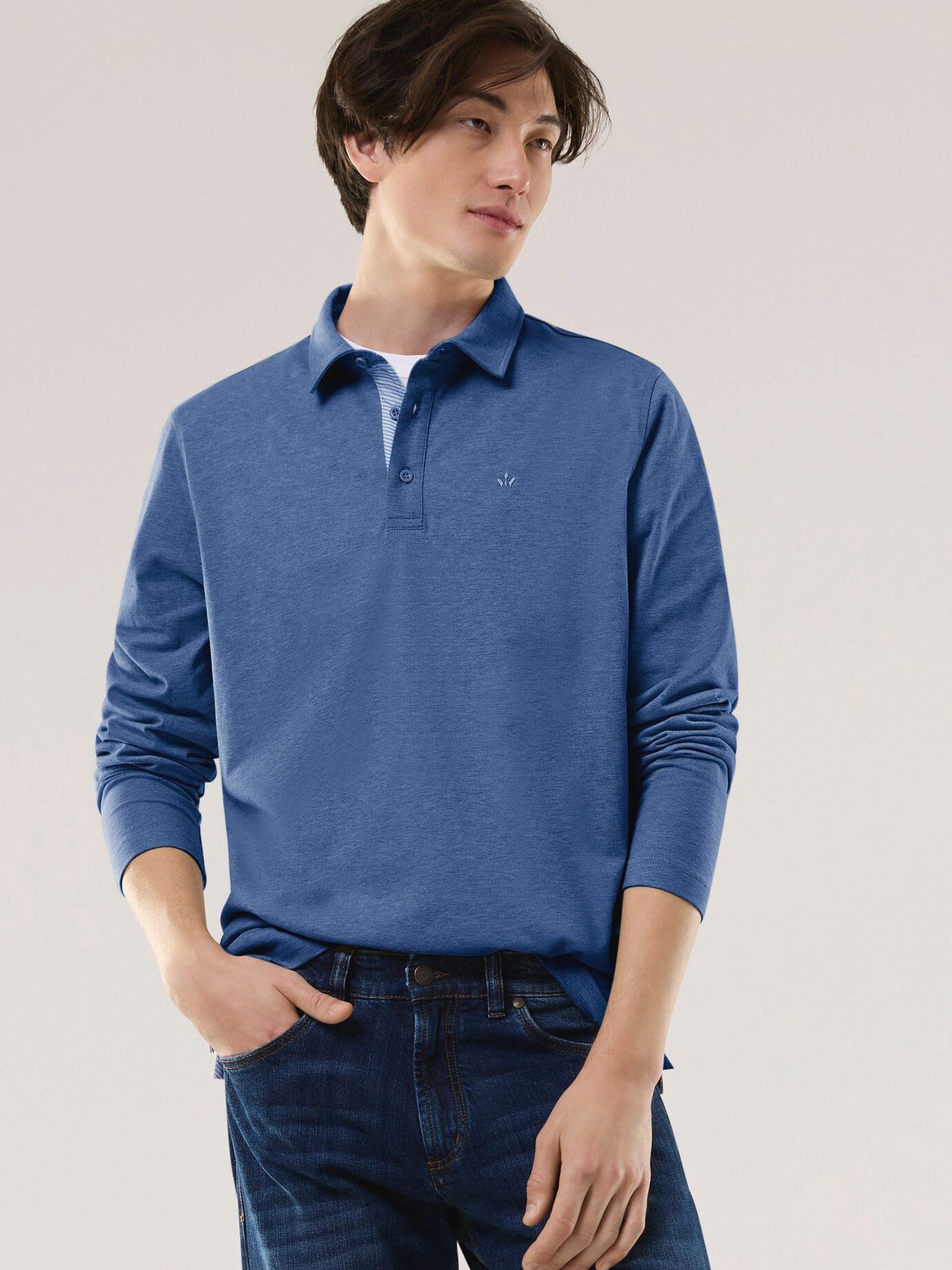Walbusch Poloshirt Herren Langarmpolo aus Baumwollmix Shirt Feines Melange-Piqué, konfektionierter Hemdenkragen, pflegeleicht