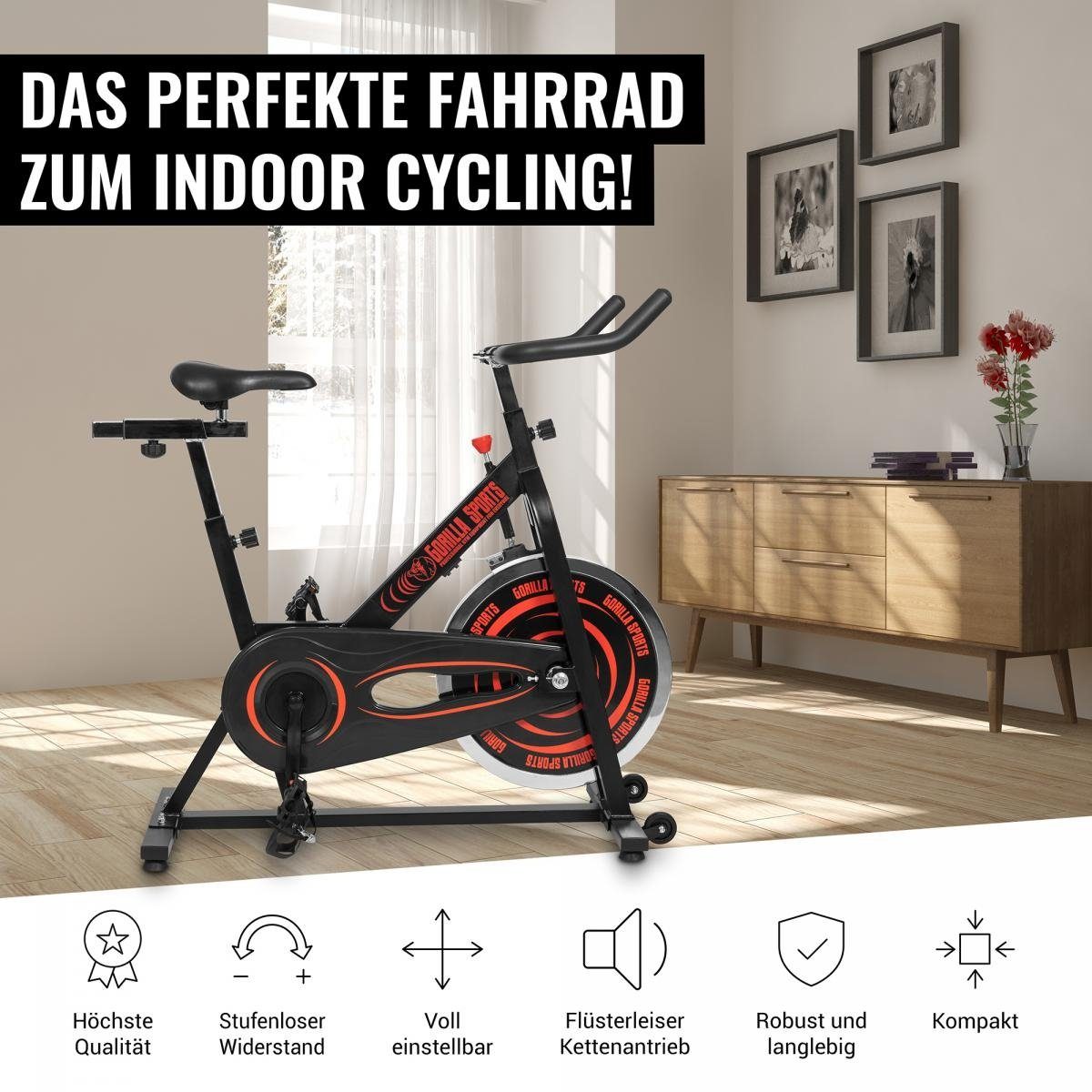GORILLA SPORTS Heimtrainer Schwungrad, - Verstellbar Indoor 13kg Fitnessbike, Fahrrad, (1-tlg) Speedbike