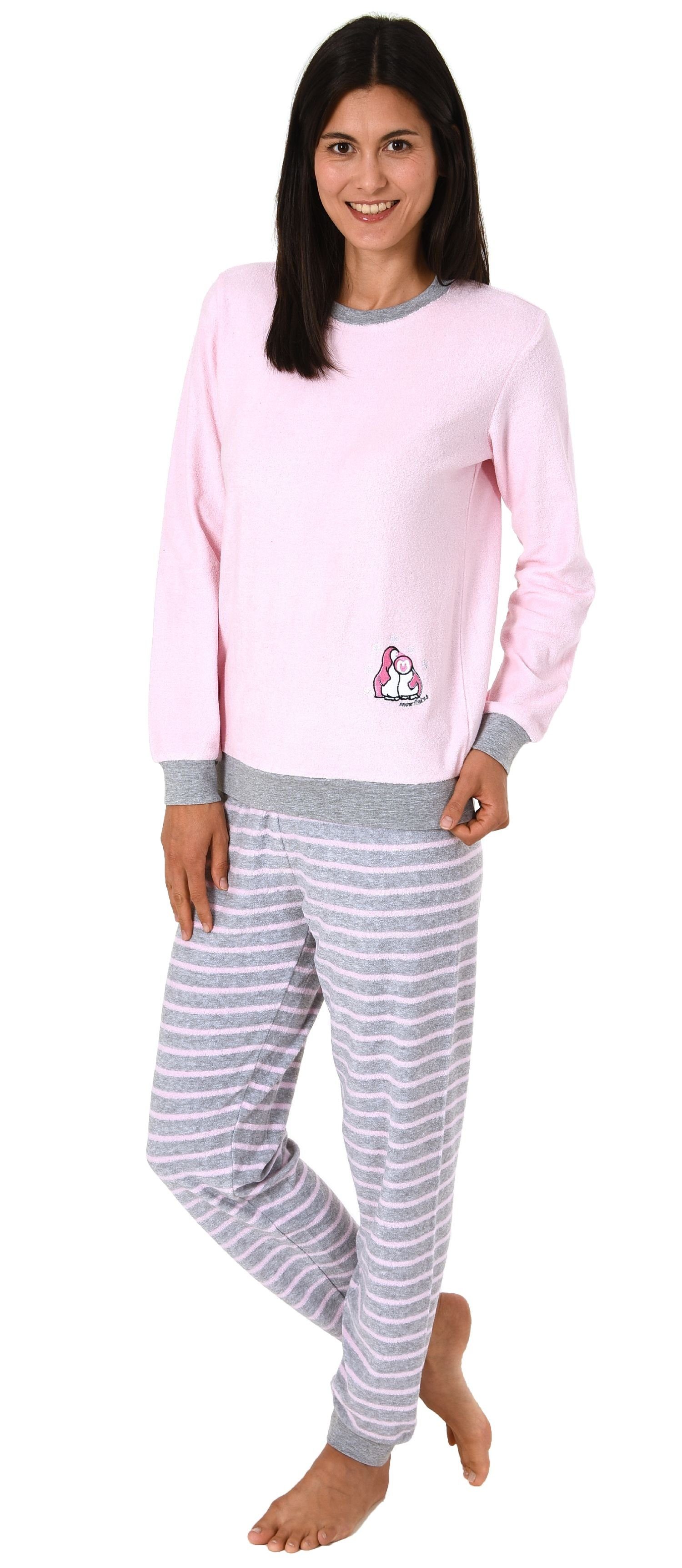 Normann Pyjama Damen Frottee Pyjama langarm mit Bündchen und Pinguin Stickerei rosa
