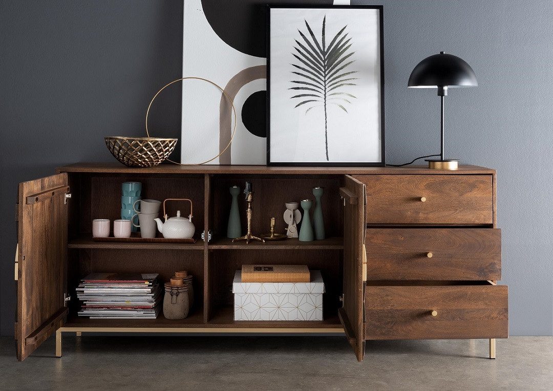 Main Möbel Sideboard 180x77cm "Assuan"' Mango & Metall goldfarbig
