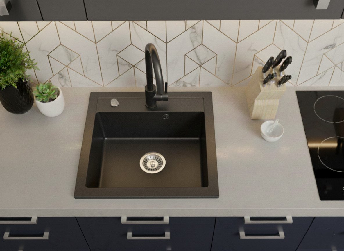 Faizee Möbel Granitspüle Granitspüle Küchenspüle mit Siphon verschiedene Modelle + Armatur, Eckig