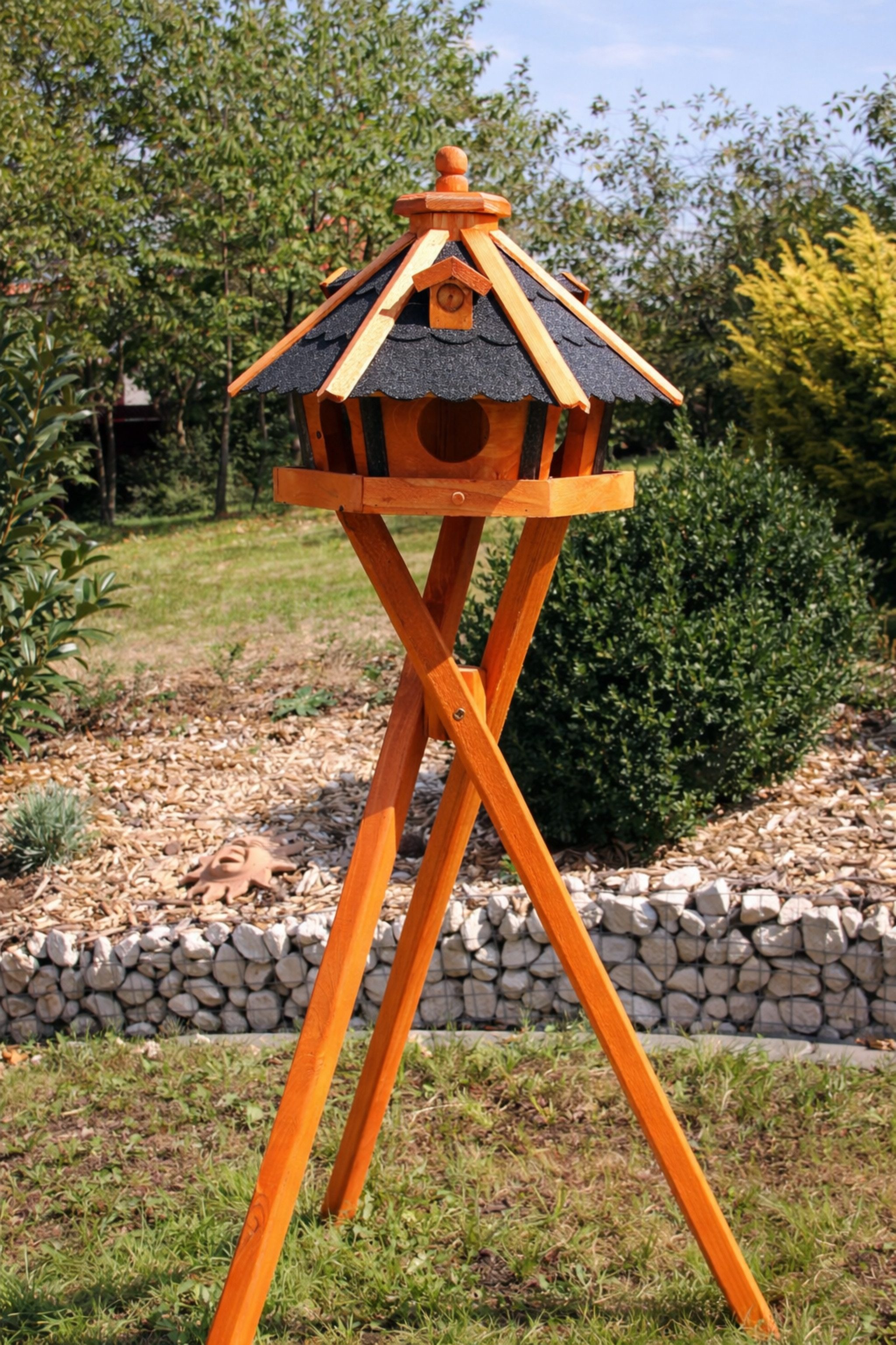 Holzdekoladen Vogelhaus Vogelhaus Holz wetterfest mit Futterautomat – mit/ohne Ständer/Solar