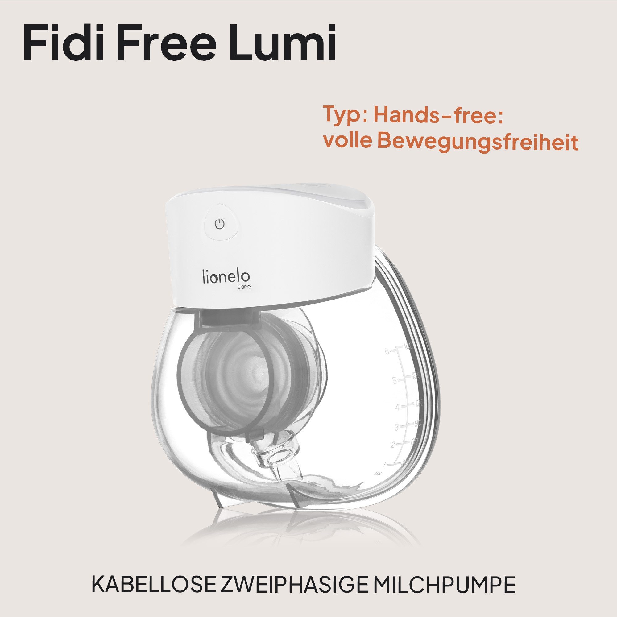 lionelo Elektrische Milchpumpe FIDI FREE LUMI, Set, Set mit unterschiedlich großen Trichtern, Hands-free/180 Min Akku/9 Stufen/LED-Anzeige/USB-C