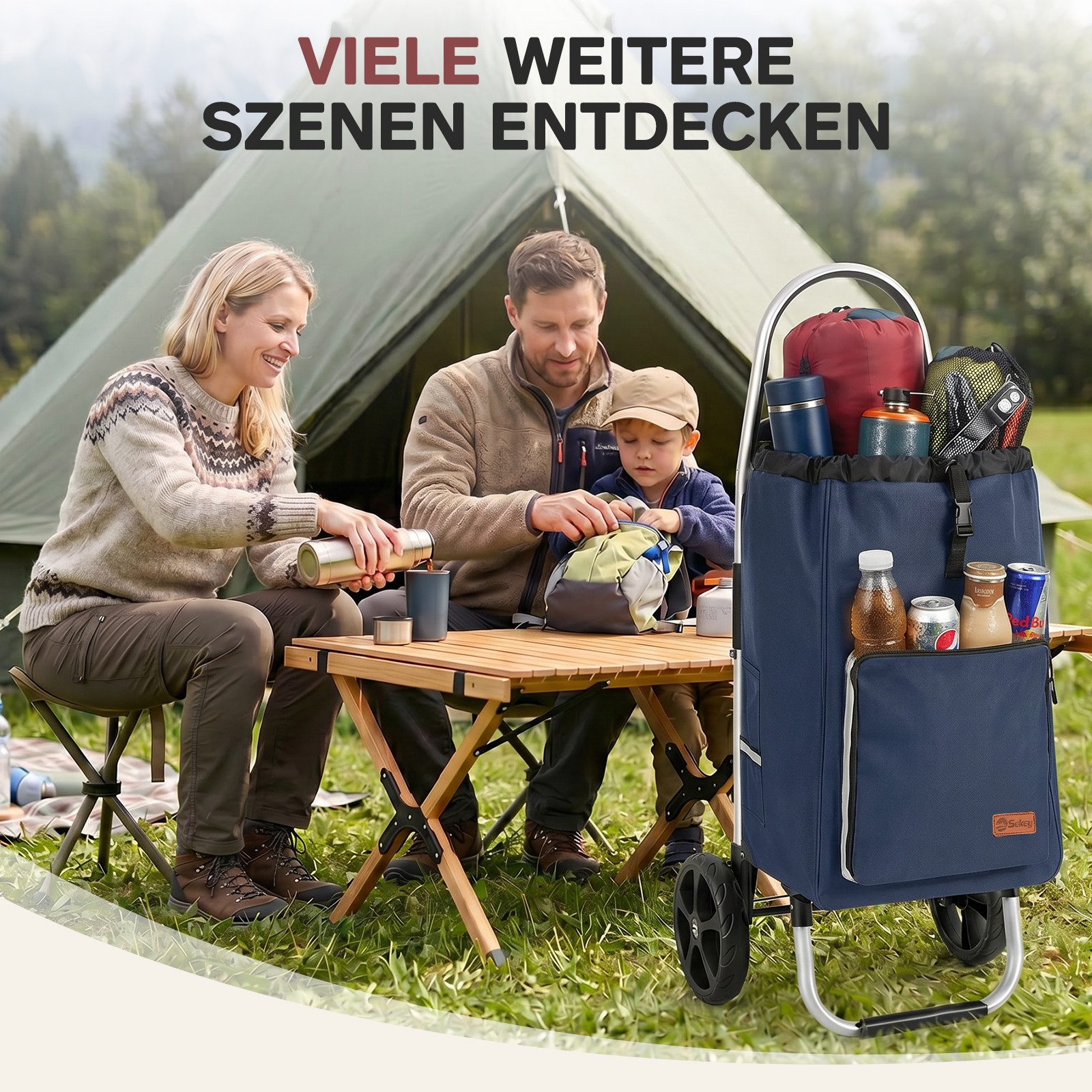 Sekey Einkaufstrolley 2 in 1 Klappbar Einkaufswagen mit Kühlfach - 50 Liter Einkaufsbeutel, 50 l, Faltbar Einkaufsroller mit großen Rädern und Sackkarren-Funkti – Bild 5 von 5