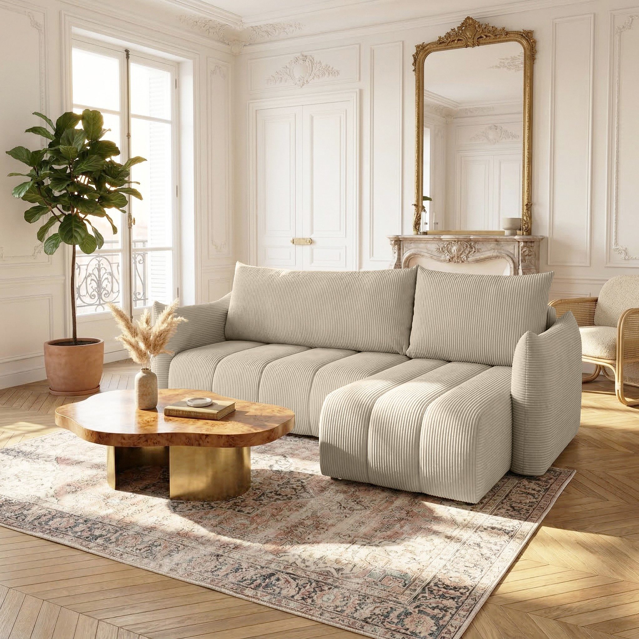 Fun Möbel Ecksofa Schlafsofa ONTARIO XS mit Ottomane in Cordstoff Poso, Rücken echt bezogen, mit Bettkasten und Liegefunktion