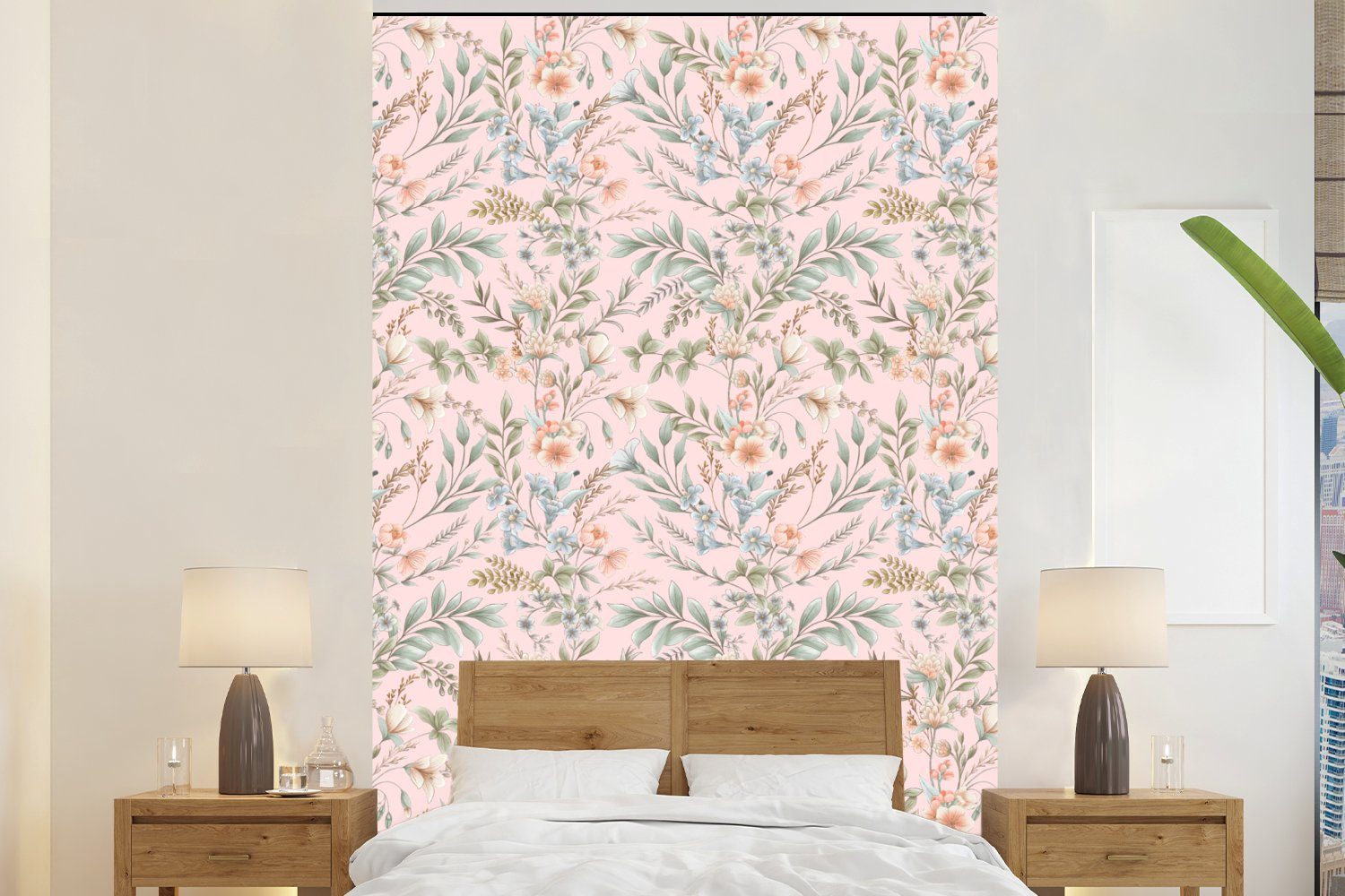 MuchoWow Fototapete Blumen - Muster Wandtapete Montagefertig Rosa, - Wohnzimmer, bedruckt, Tapete Vinyl Matt, (3 St), für