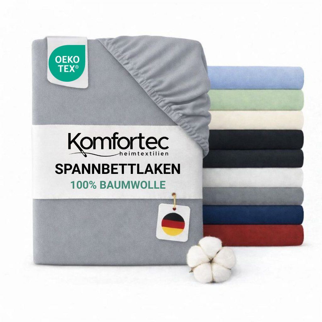 Komfortec Spannbettlaken Jersey Spannbettuch, 90x200, 140x200, 160x200, 180x200 oder 200x200 cm, 100% Baumwolle (135 g/m), Gummizug: Rundum, (1 Stück), OEKO-TEX® Standard 100 Zertifisiert, für Matratzen bis 25 cm Höhe