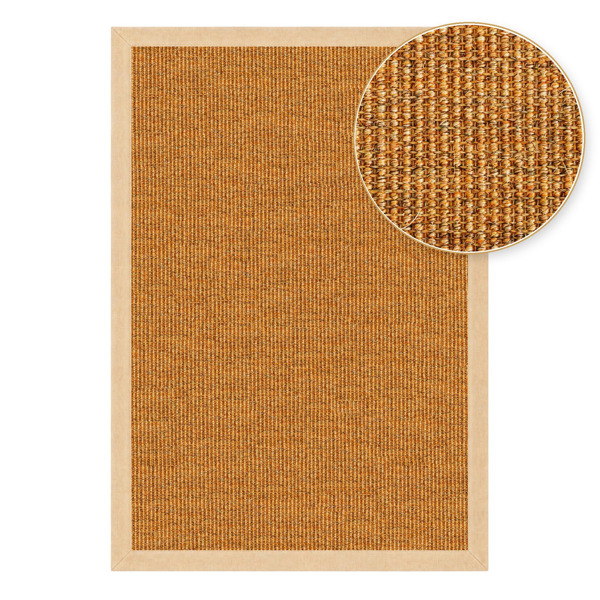 Floordirekt Sisalteppich Goa Natur aus 100 % Sisal mit Stoffbordüre Latexrücken 6 Größen, rutschhemmender