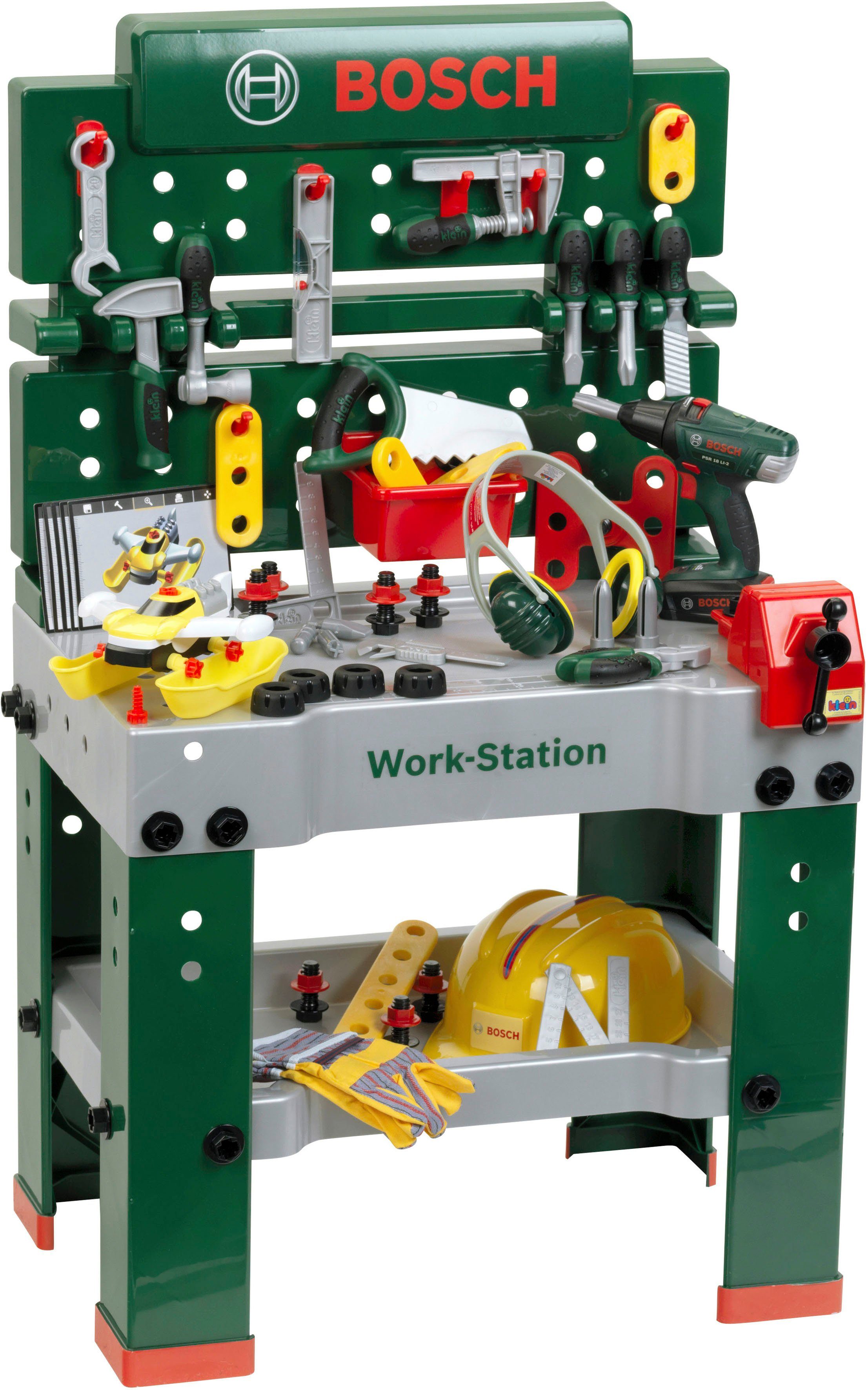 Klein Spielwerkbank BOSCH-Workstation Mega, mit Handwerker Set, mit BOSCH Akkuschrauber; Made in Germany