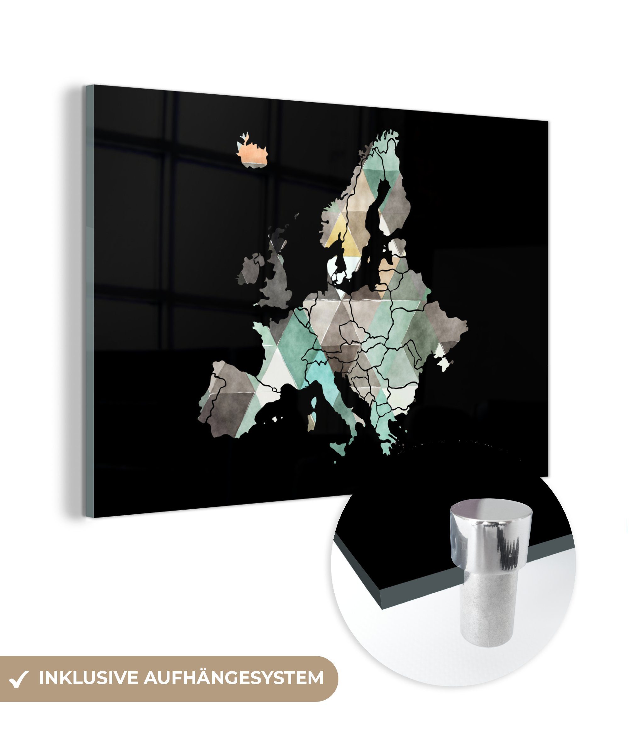 MuchoWow Acrylglasbild Karte - Europa - Dreieck, (1 St), Acrylglasbilder Wohnzimmer & Schlafzimmer