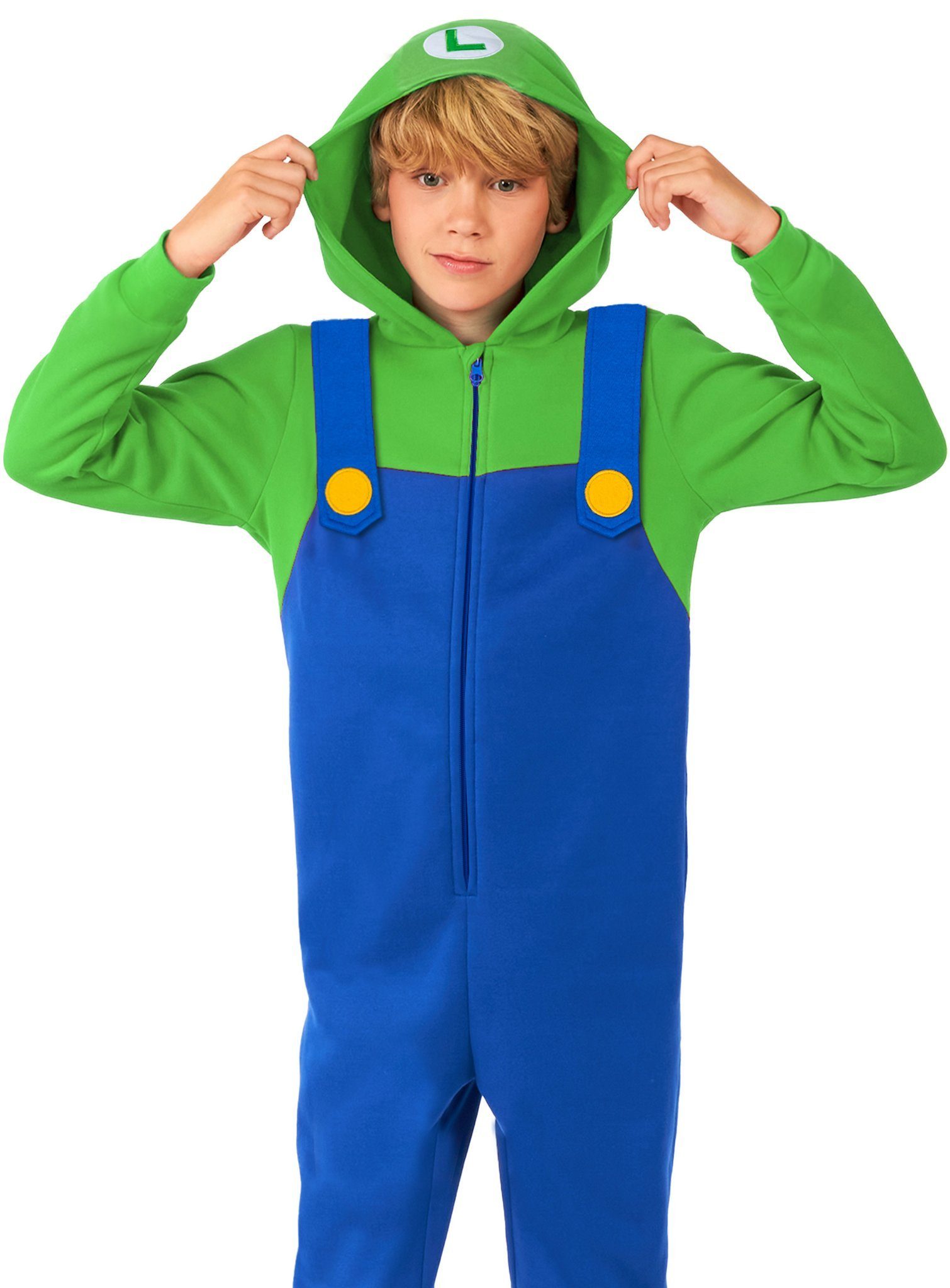 Opposuits Kostüm Luigi Onesie Kostüm Overall Faschingskostüm Kinder, Supergemütlicher Einteiler - offizielles Super Mario-Kostüm!