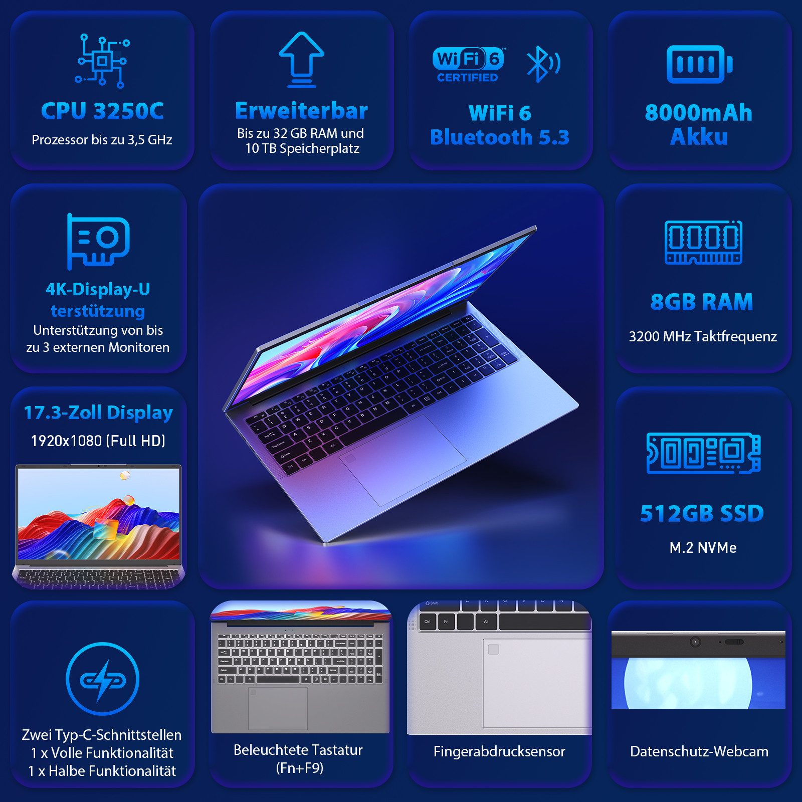 Auusda 17.3 Zoll Laptop, R3 3250C Processzor, 8GB RAM, 512GB NVMe SSD Notebook (R3 3250C, 8 GB, 512 GB SSD) silberfarben
