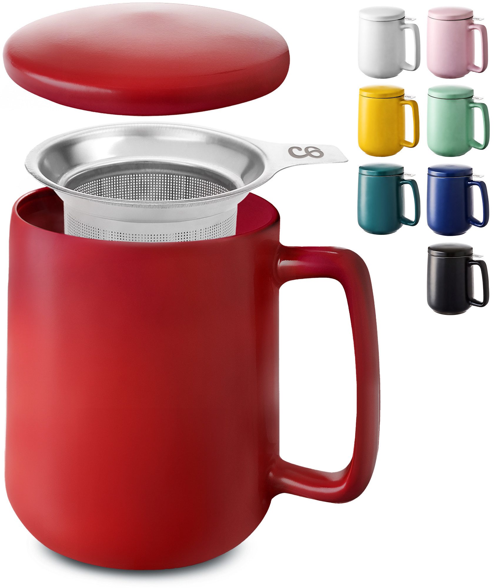 Cosumy Teeglas Teetasse mit Sieb und Deckel Rot 500ml, Keramik, Hält Lange warm - 500 ml XXL Groß - Spülmaschinenfest