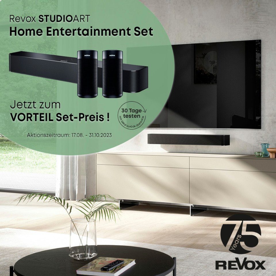 Revox STUDIOART Home Entertainment Set LAN) HDMI, KleerNet, schwarz Digital-In, AirPlay, (WiFi), Bluetooth, System aptX Lautsprecher 5.1 WLAN Bluetooth, Bluetooth, AVRCP A2DP (Bluetooth