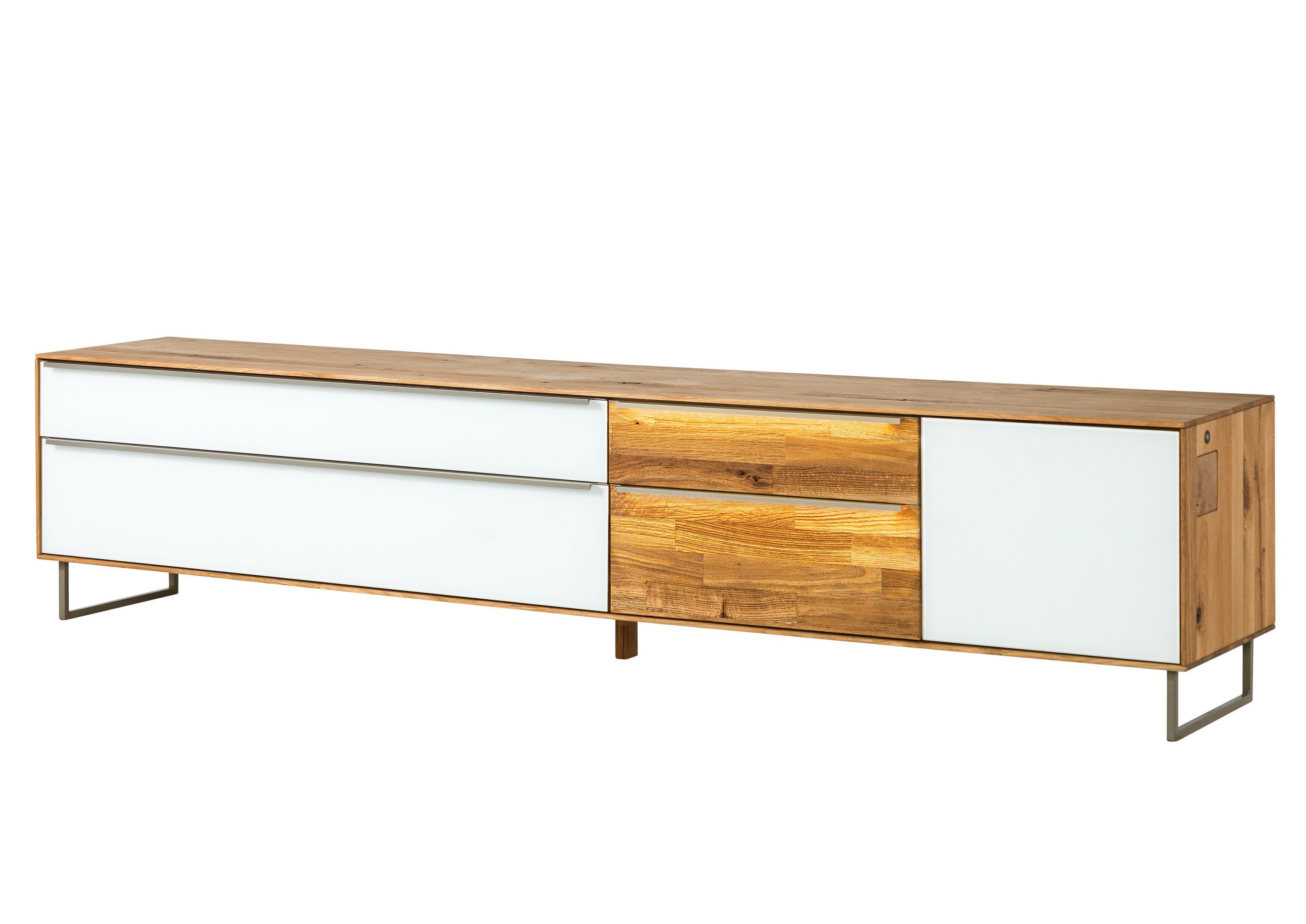 Massivmoebel24 Lowboard WIEN (Massivholz), Wildeiche 235x43x52 natur geölt / Glas weiß WIEN #106