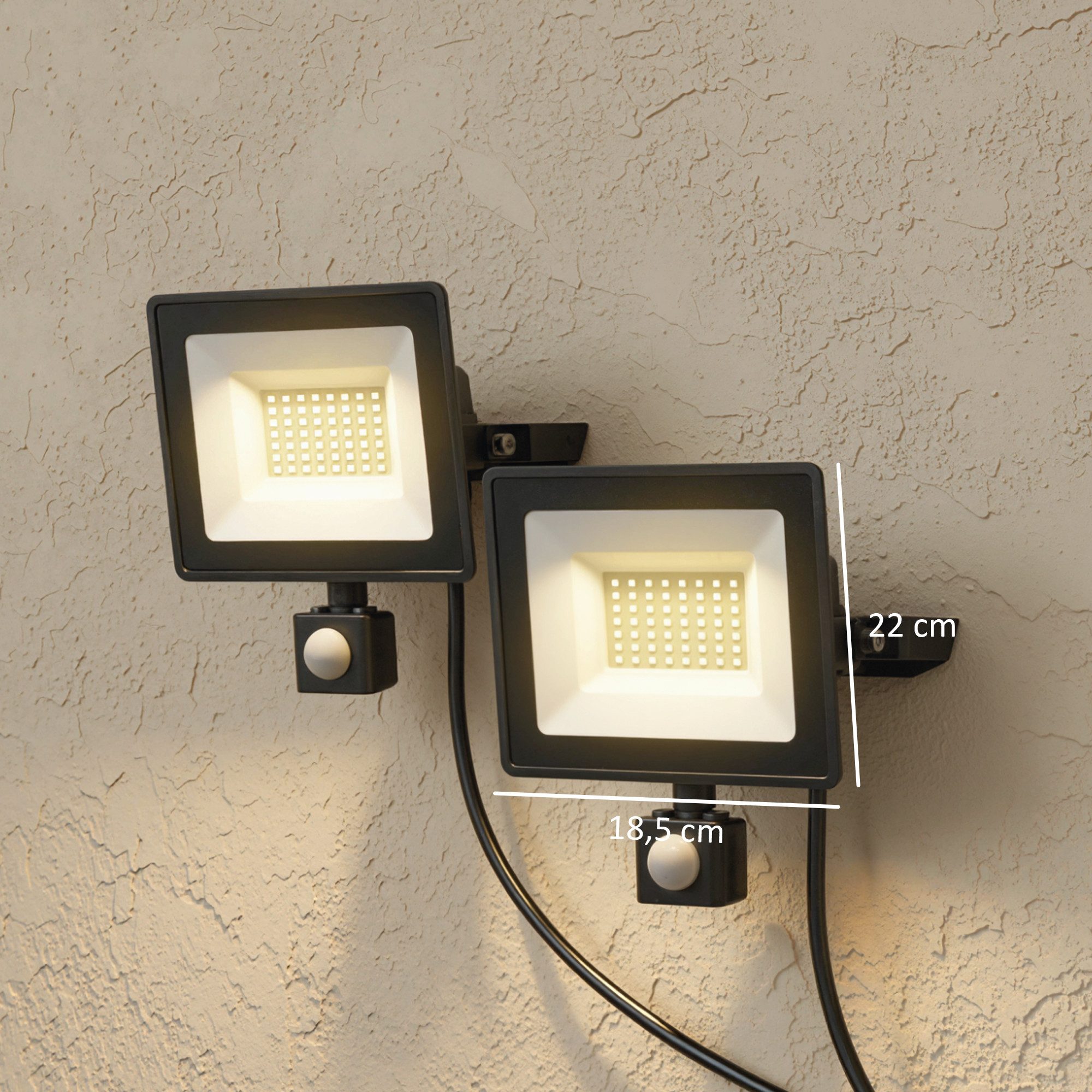 HOMCOM Außen-Stehlampe Baustrahler 50W 5500LM 6000K IP65 Drehbar Dimmbar Arbeitsleuchte, Dimmfunktion, Sensorgesteuert, Tageslichtweiß, 2er Set Baustrahler