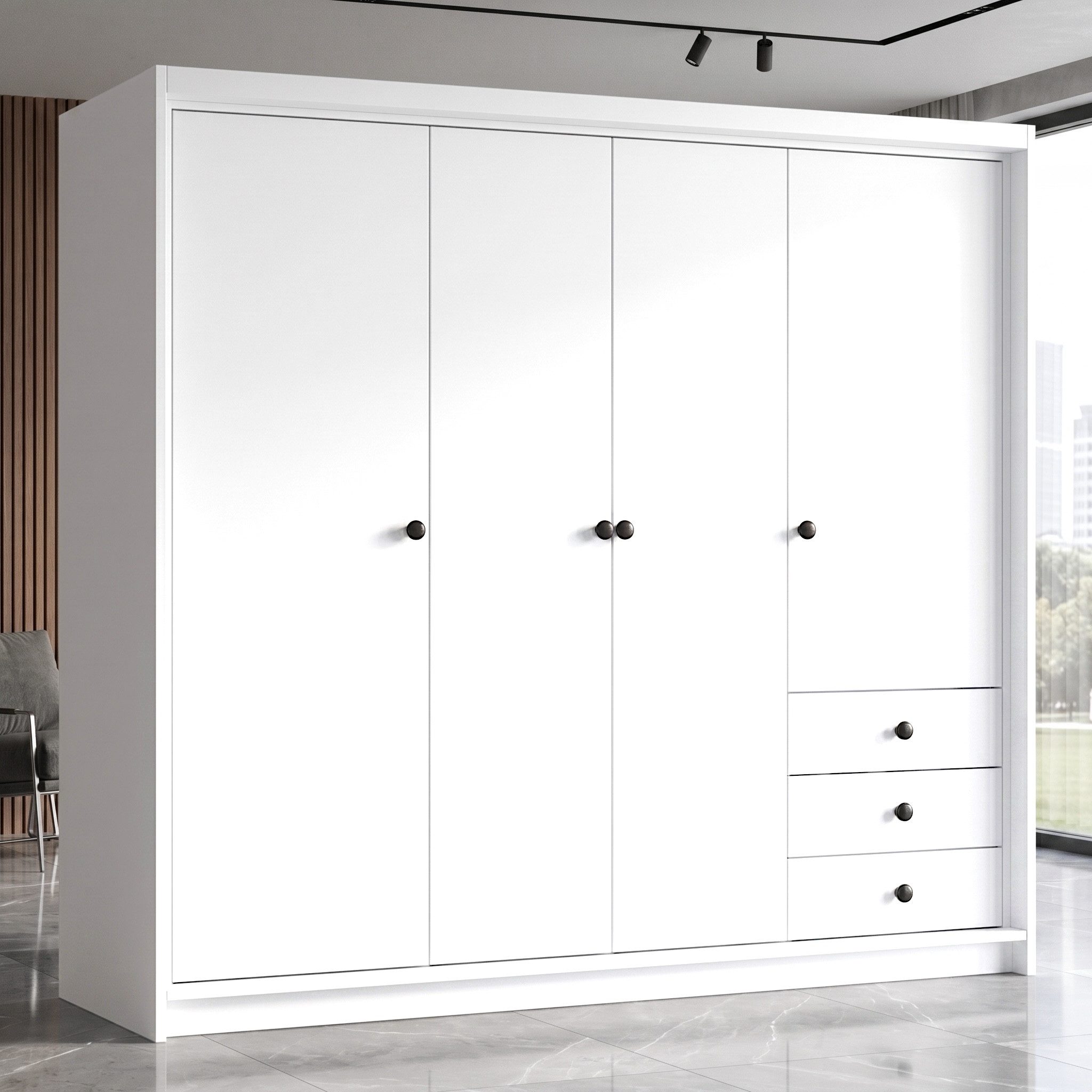 A&J MöbelLand GmbH Drehtürenschrank FALKEN– viertüriger Kleiderschrank 200 cm (Geräumiger viertüriger Kleiderschrank mit Schubladen. Geräumiger Schrank mit einer Breite von 200 cm und Schubladen, ideal zur Aufbewahrung von Kleidung und Accessoires. Viel Stauraum. TOP PRODUKT! Wählen Sie das ideale Modell für Ihr Schlafzimmer!, TOP ANGEBOT) Breite: 200 cm, Höhe: 215 cm, Tiefe: 59,5 cm