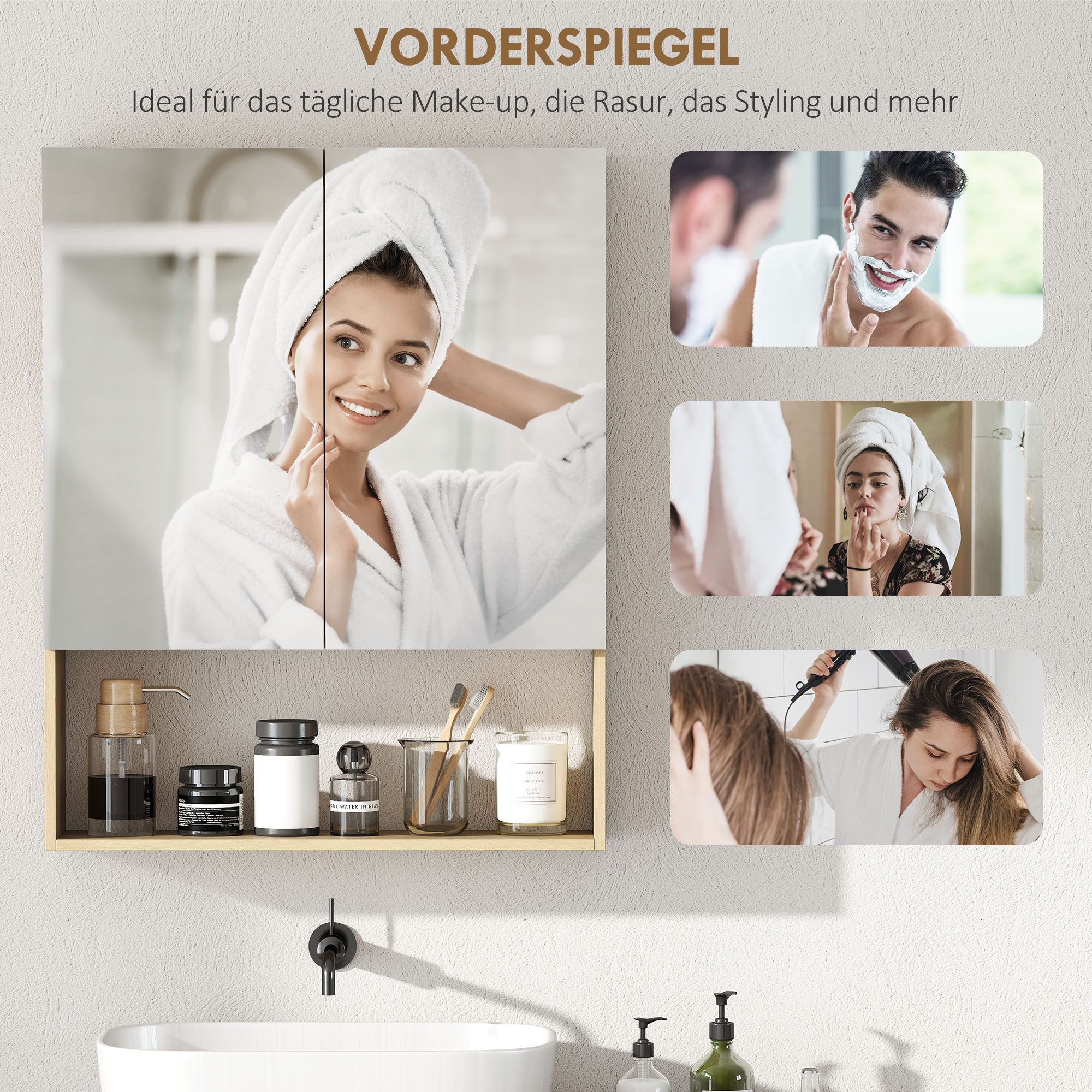 HOMCOM Spiegelschrank Bad Hängeschrank mit Spiegel Soft-Close, 2 Türen (Badschrank, 1-St., Badezimmerschrank) 60 x 16,6 x 75cm, Eiche – Bild 4 von 5