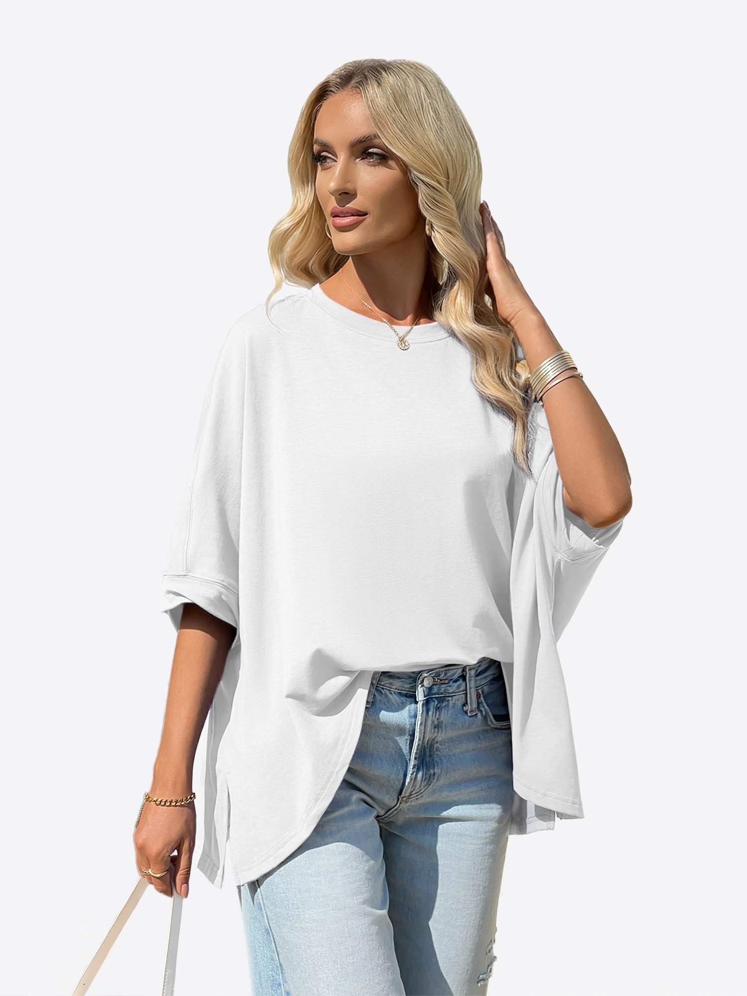 Imily Bela T-Shirt Damen Oversized Top mit Fledermausärmeln (Packung, 1-tlg., 1per-Pack) einfarbig