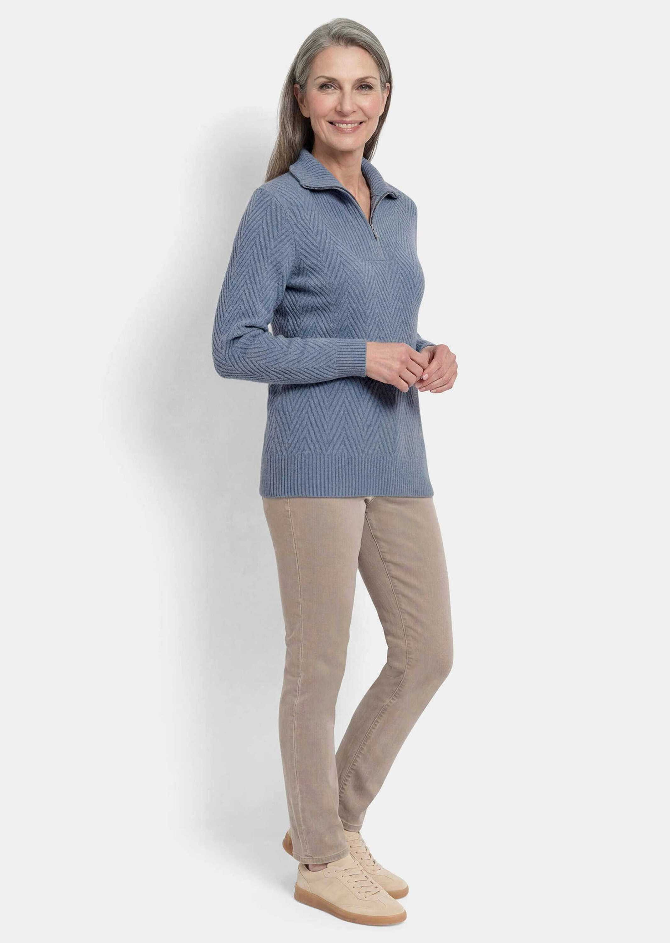GOLDNER Strickpullover Troyer-Pullover mit Reißverschluss Warmer Strickpullover mit Zickzack-Strick, Stehkragen und Merinowolle