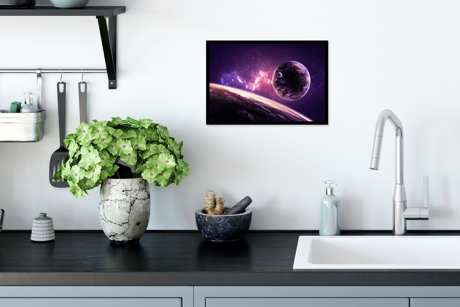 St), Schwarzem Planeten Wandposter, - Wanddeko, Bilder, Sterne, Gerahmtes Bilderrahmen Poster Weltraum - (1 Poster, MuchoWow