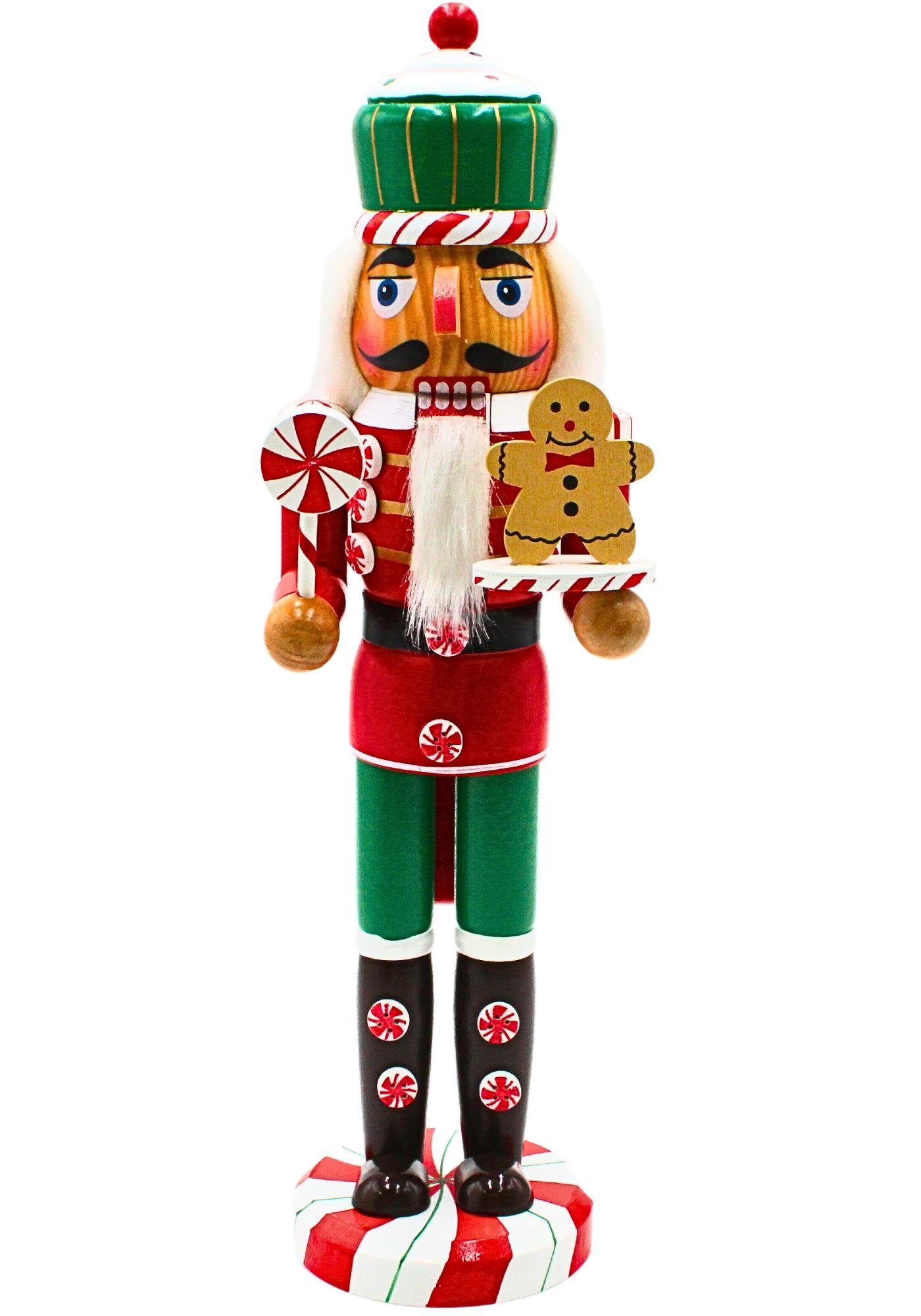 Dekohelden24 Nussknacker Holz Nussknacker mit Lebkuchenelemente, Ausführung über Menü wählbar., in Grün-Rot, Größe L/B/H: ca. 9,5 x 10,5 x 35 cm