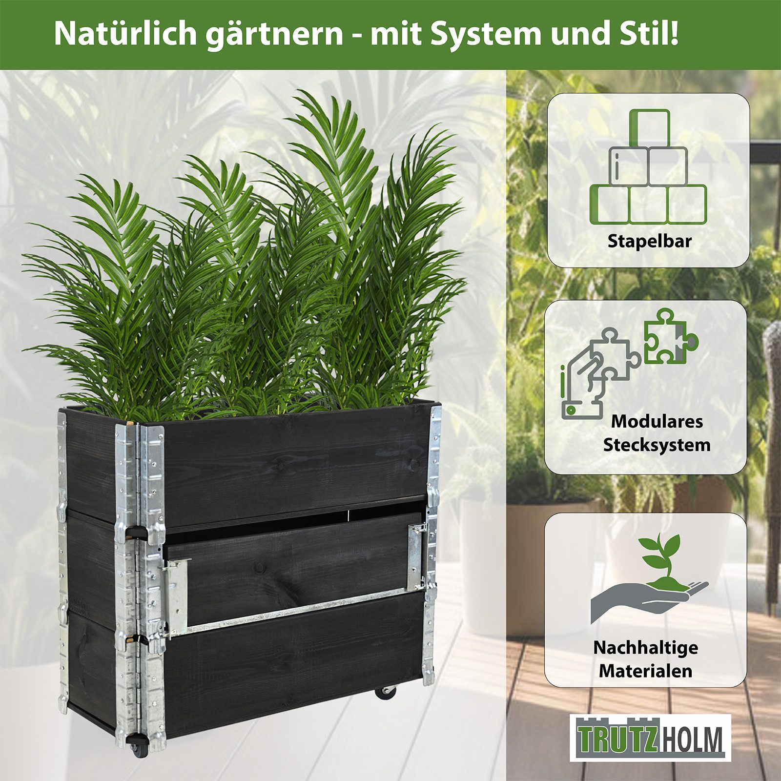 TRUTZHOLM Hochbeet auf Rollen Kräuterbox 80x30x68 cm mobil schwarz für Garten und Balkon (5-teilig), flexible Gestaltung