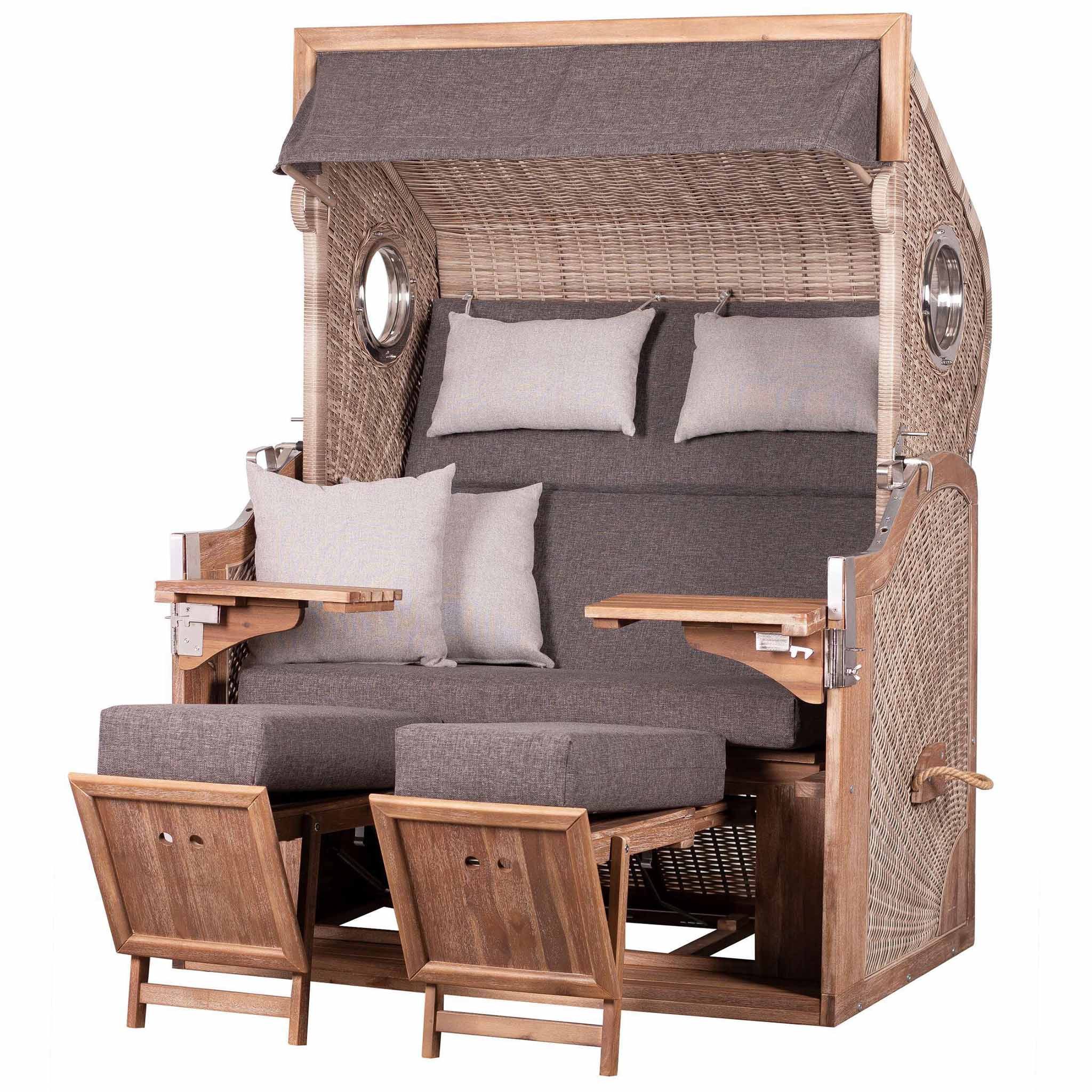 deVries PURE® Strandkorb Greenline 175XL - PE anthique white - Dessin 753, BxTxH: 135x90x165 cm, Dreiviertellieger, Ostsee-Strandkorb, (Strandkorb-Komplettset, 2-tlg., Strandkorb inkl. passender Premium Schutzhaube), FSC®-zertifiziertes Holz, Windschutzfolie und Rückholfeder