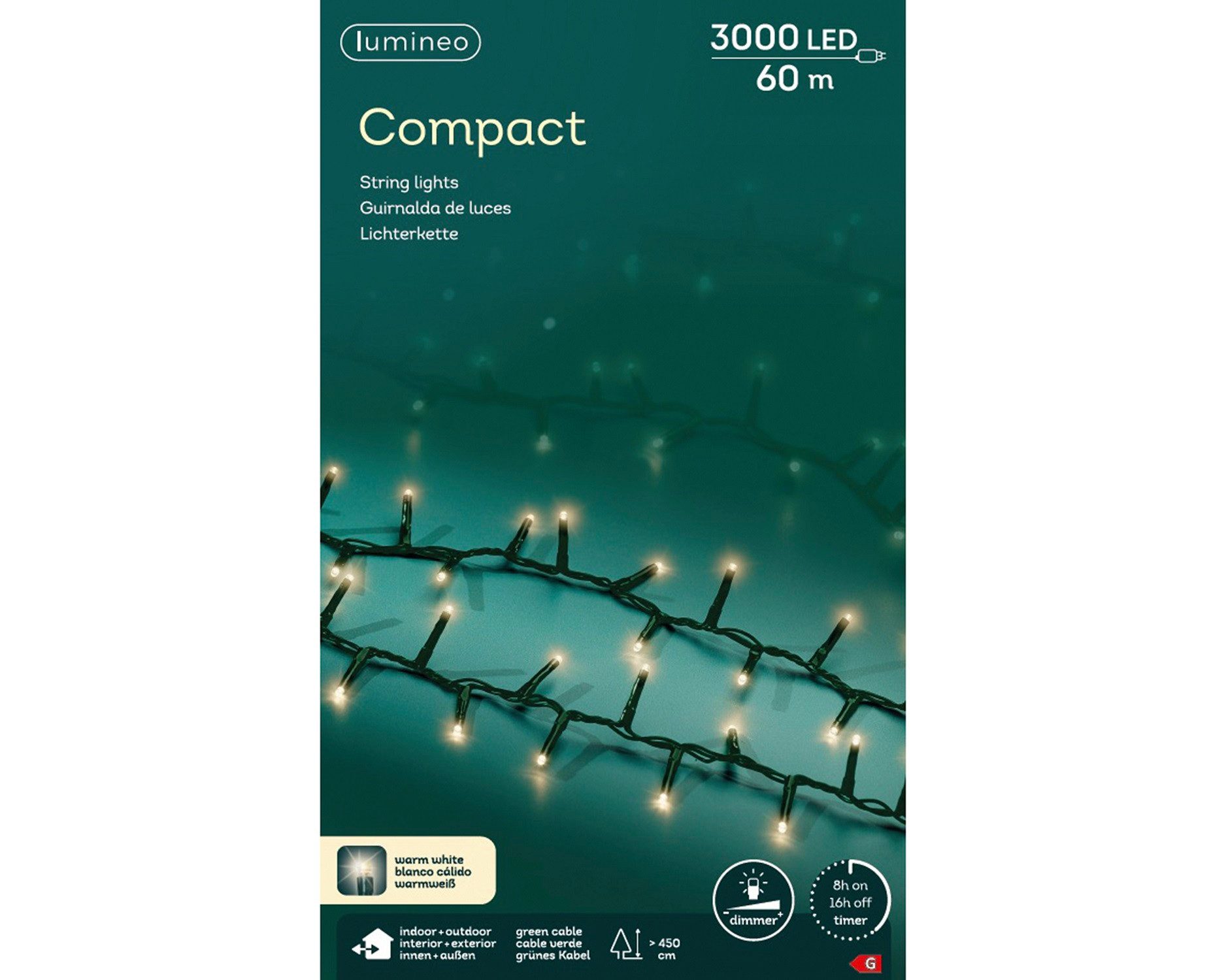 Lumineo LED-Lichterkette Lumineo Lichterkette COMPACT 3000 LED 60 m warm weiß, grünes Kabel, Indoor/Outdoor, dimmbar, 8h-Timer, 5 m Zuleitung