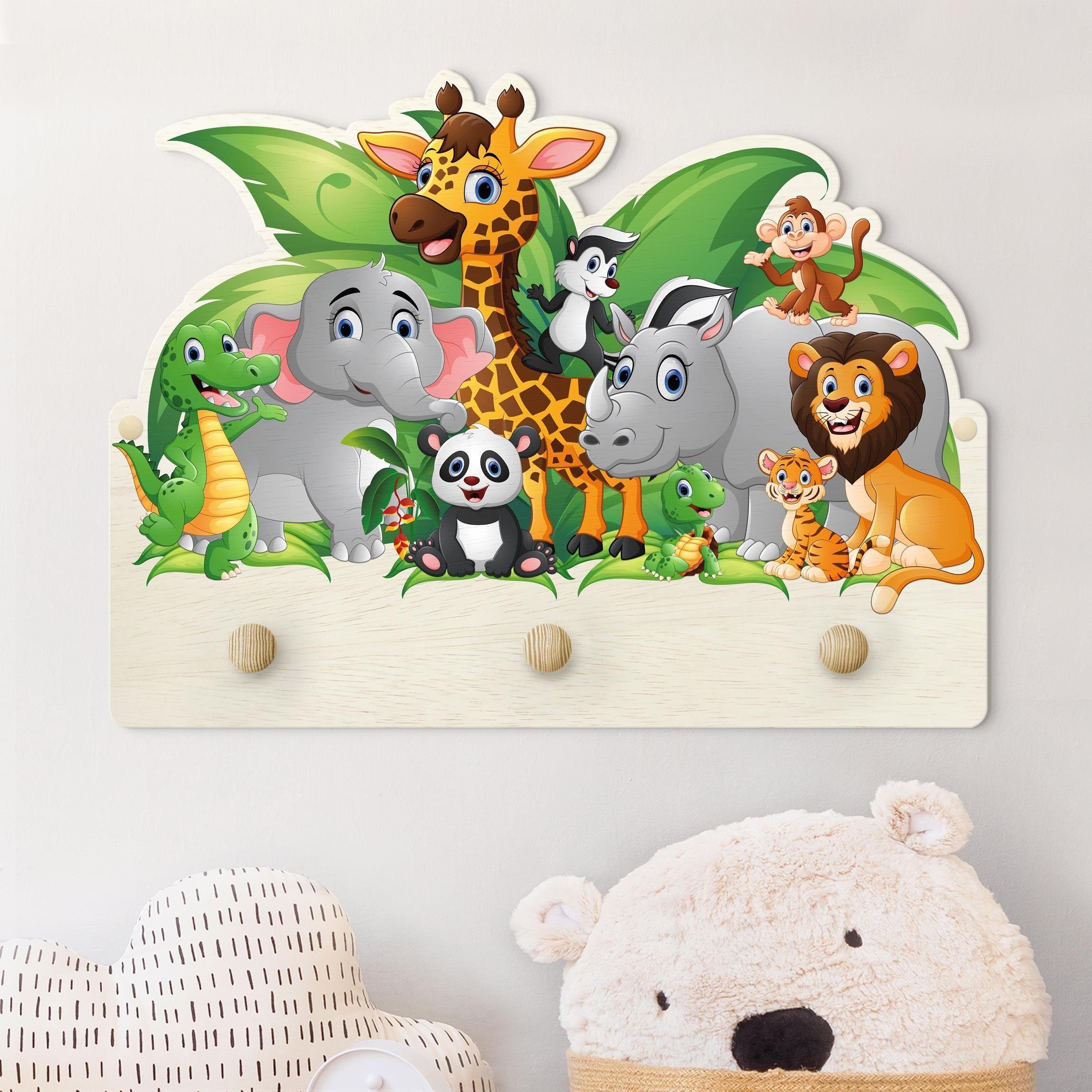 Bilderdepot24 Garderobenpaneel bunt Tiere Tiere des Dschungels (Kindergarderobe holz Kleiderhaken für die Wand inkl. Montagematerial), moderne Wand Garderobenleiste Flur - kleine Hakenleiste Kinderzimmer