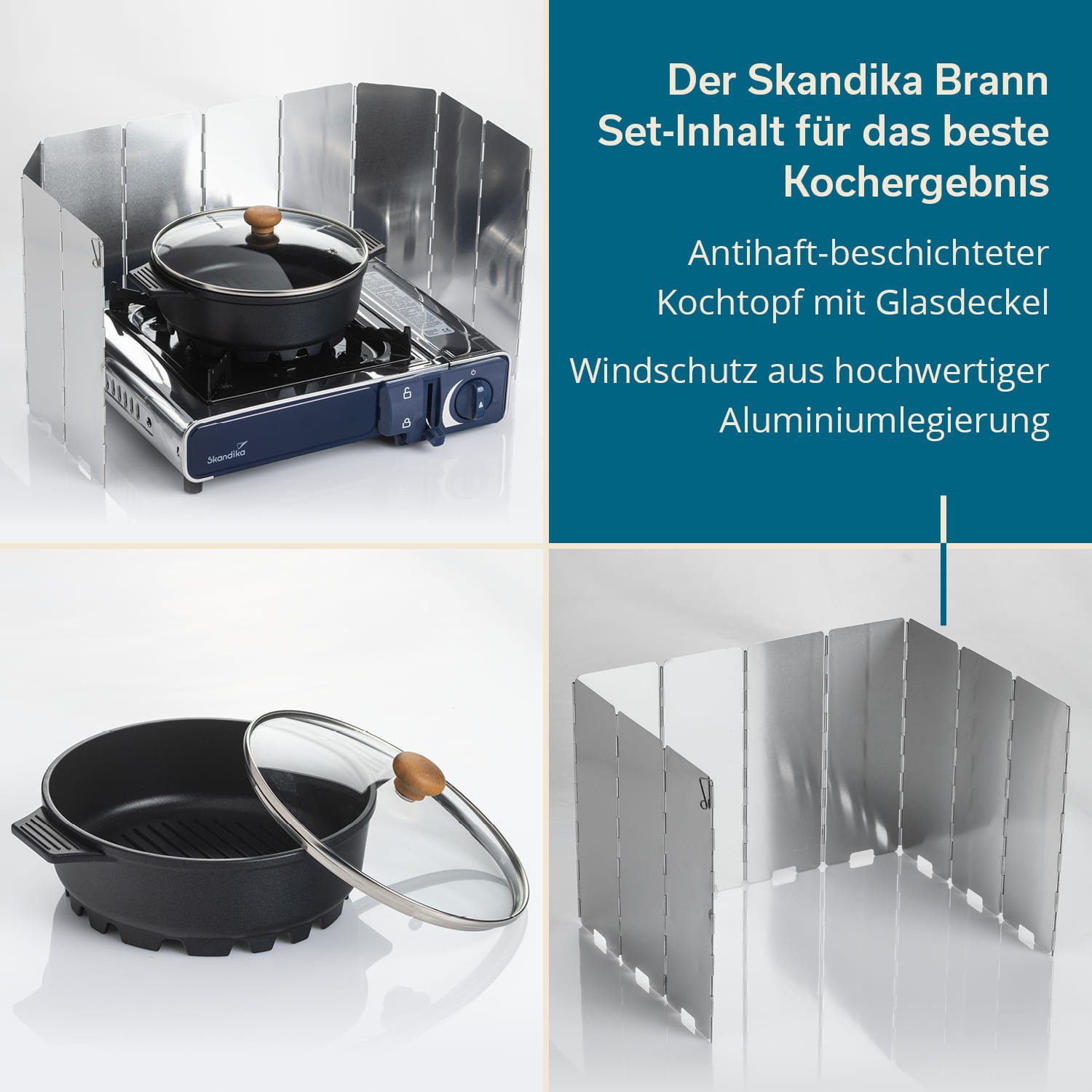 Skandika Gaskocher Brann, Campingkocher, Kochfeld, Gasbrenner, Edelstahl, Piezo-Anzünder, (1-flammig im Set, für Gaskartuschen MSF-1A 227 g, für Gaskartuschen MSF-1A 227 g), Topf mit Deckel, Windschutz, Tragekoffer, stufenlos regulierbar