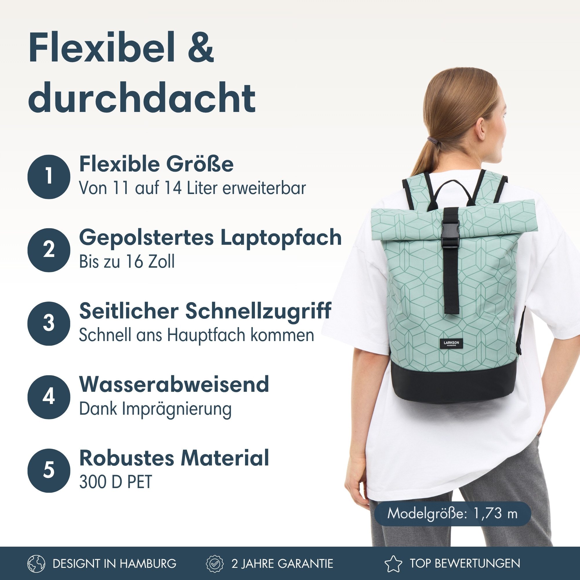 LARKSON Cityrucksack Janne Small Tagesrucksack 11-14 Liter für Damen & (1-tlg), Flexible Größe, Gepolstertes Laptopfach, Wasserabweisend