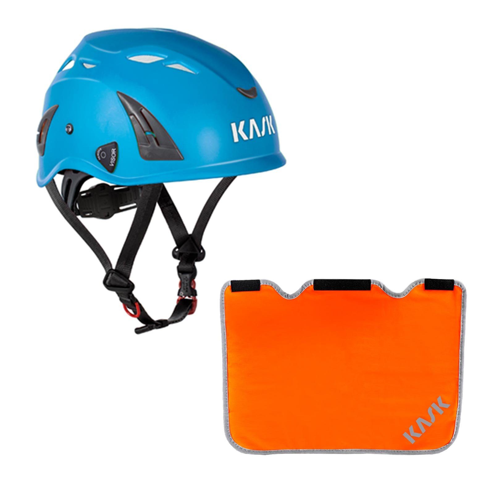 Kask Schutzhelm Plasma AQ Arbeitsschutzhelm + Nackenschutz orange mit BG Bau Förderung hellblau