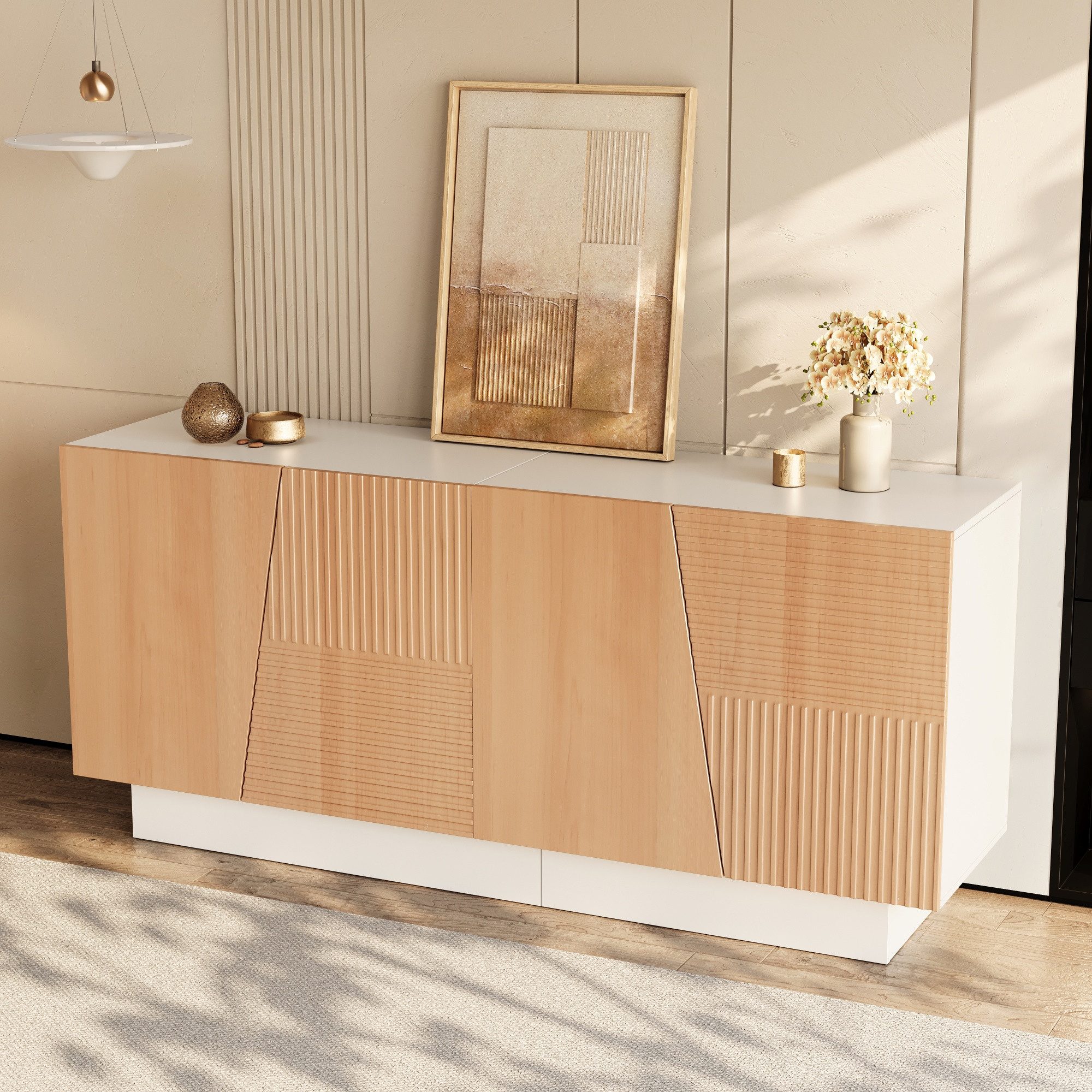 Merax Sideboard mit geometrischer Rillenstruktur (160 x 40,5 x 72 cm (L x B x H), 1 St), Kommode mit 4 Türen, großem Stauraum & höhenverstellbaren Einlegeböden – Bild 4 von 5