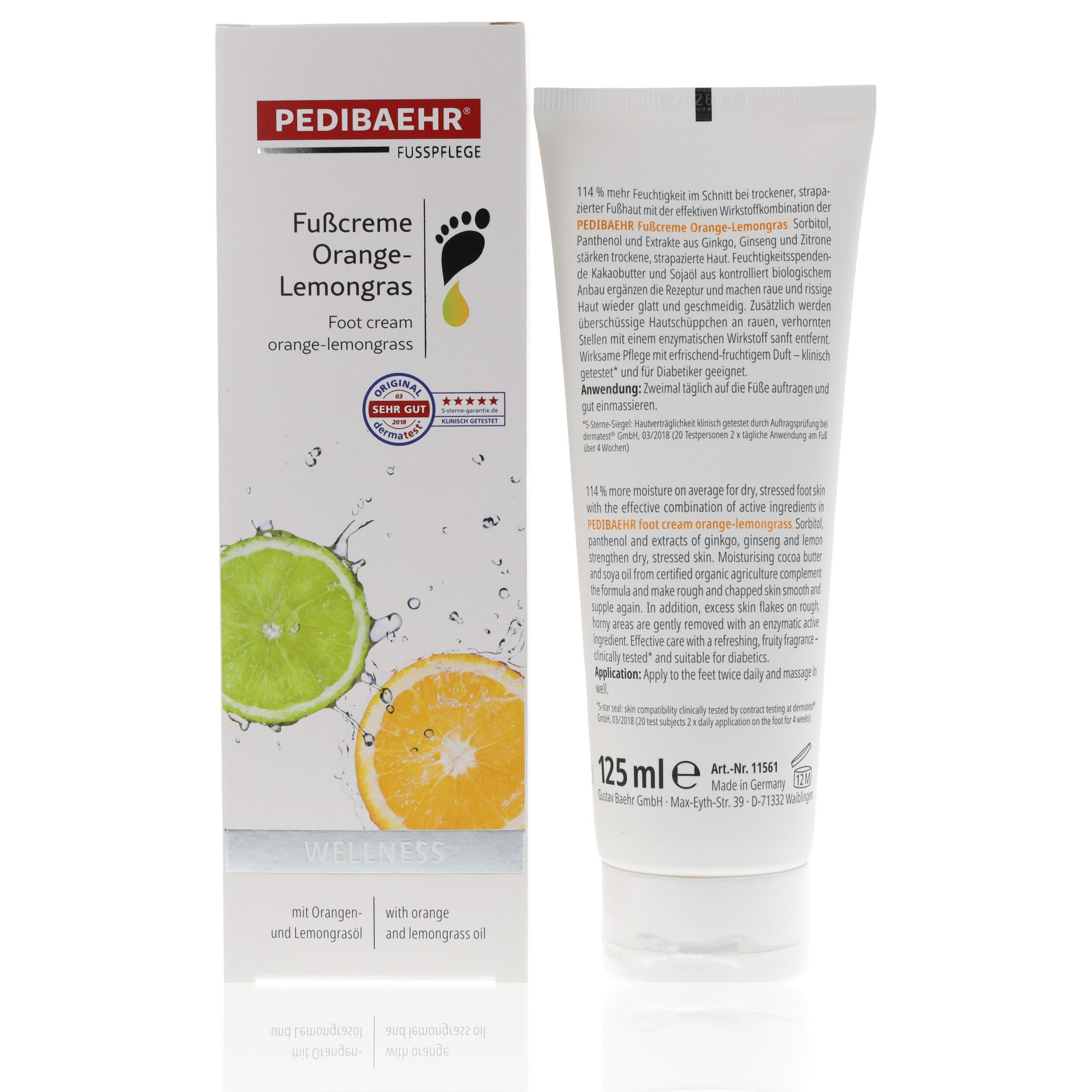 Pedibaehr Fußcreme Pedibaehr Fußcreme Orange-Lemongras 125ml Diabetiker geeignet, 1-tlg., reichhaltige, duftende Pflege & intensive Feuchtigkeit