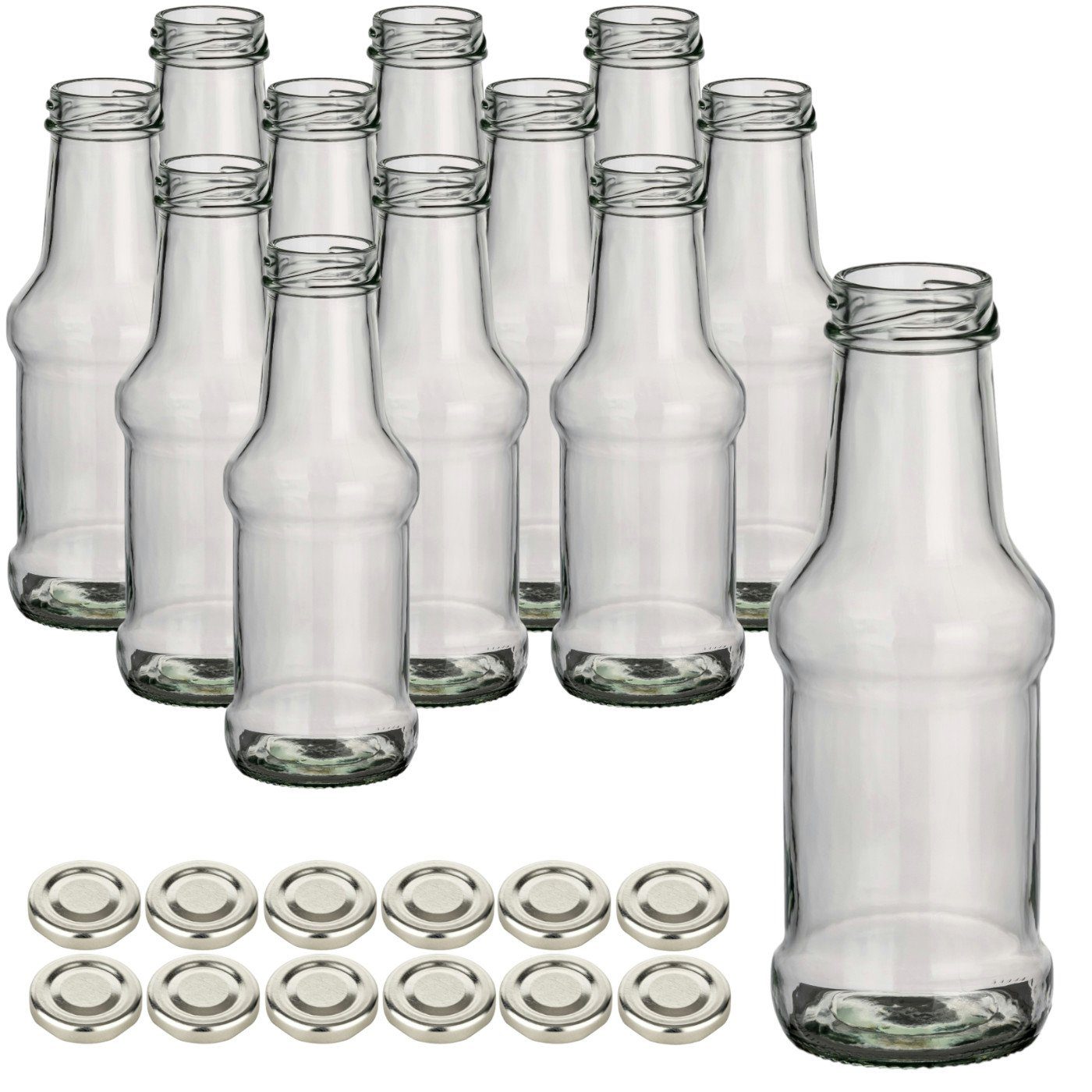 gouveo Trinkflasche Glasflaschen 250 ml Barbecue mit Schraub-Deckel TO38 - Kleine Flasche, 12 Stück, silberfarben