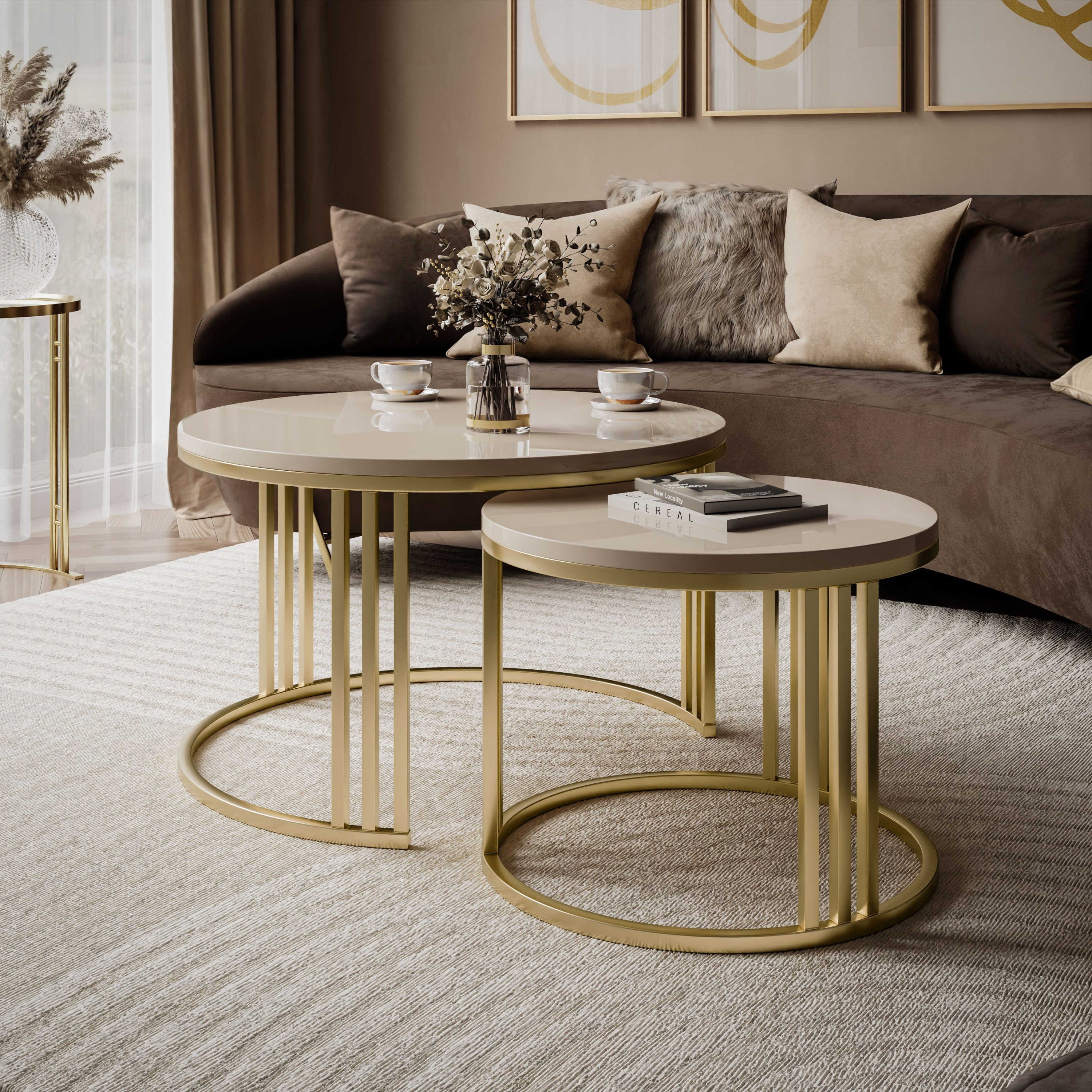 Lookway Couchtisch LORI 2in1 in HOCHGLANZ auf einem gebürsteten goldfarbenen Gestell (2er Set), Durchmesser: ⌀70 cm und ⌀50 cm, Höhe: 49 cm und 44 cm – Bild 3 von 5