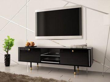 MIRJAN24 TV-Schrank Crystal RTV 160 01 (mit 2 Türen) mit LED-Beleuchtung und Metallfüße, runde Gold Griffe