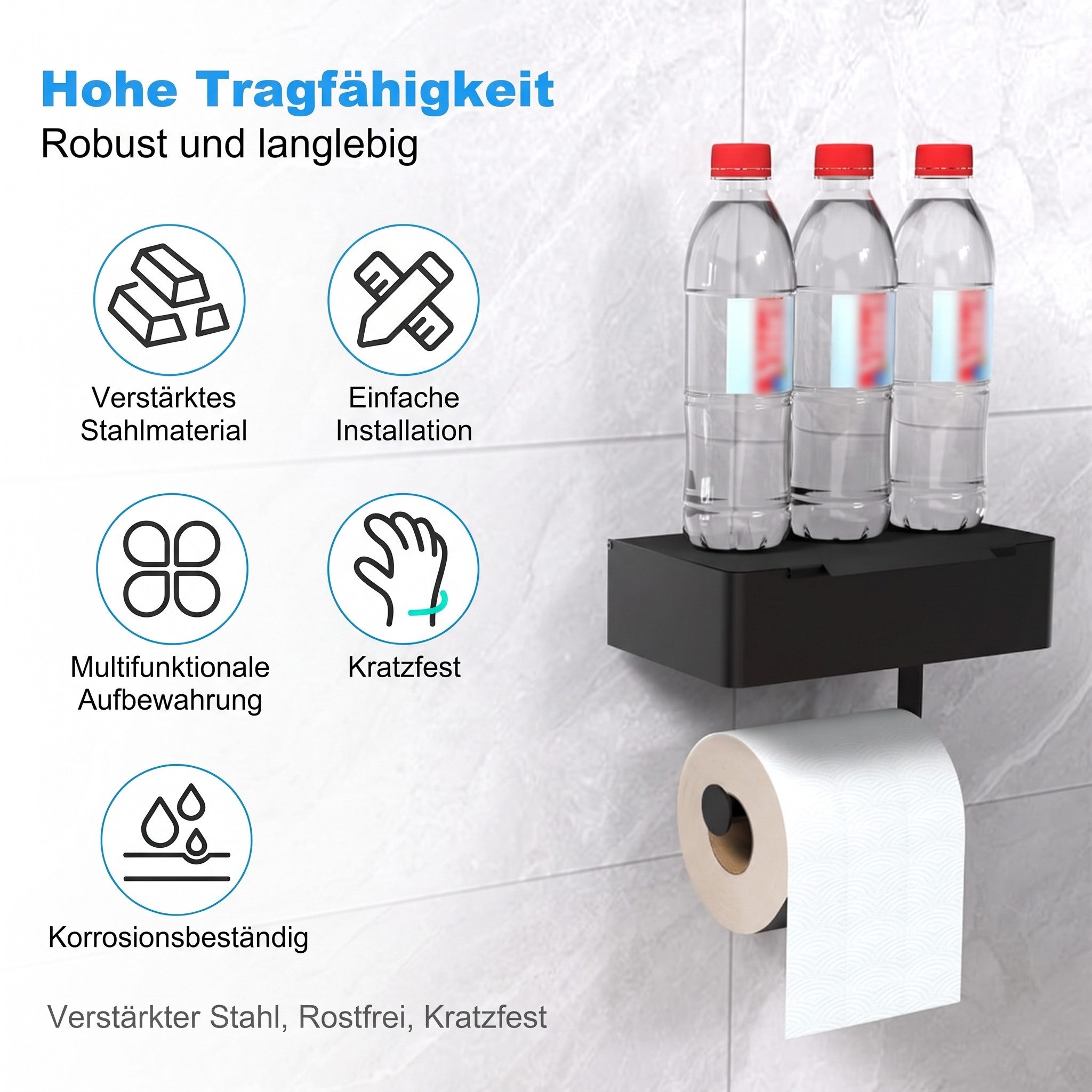 AIMAX Toilettenpapierhalter Toilettenpapierhalter ohne Bohren mit Feuchttücherbox Schwarz – Bild 5 von 5