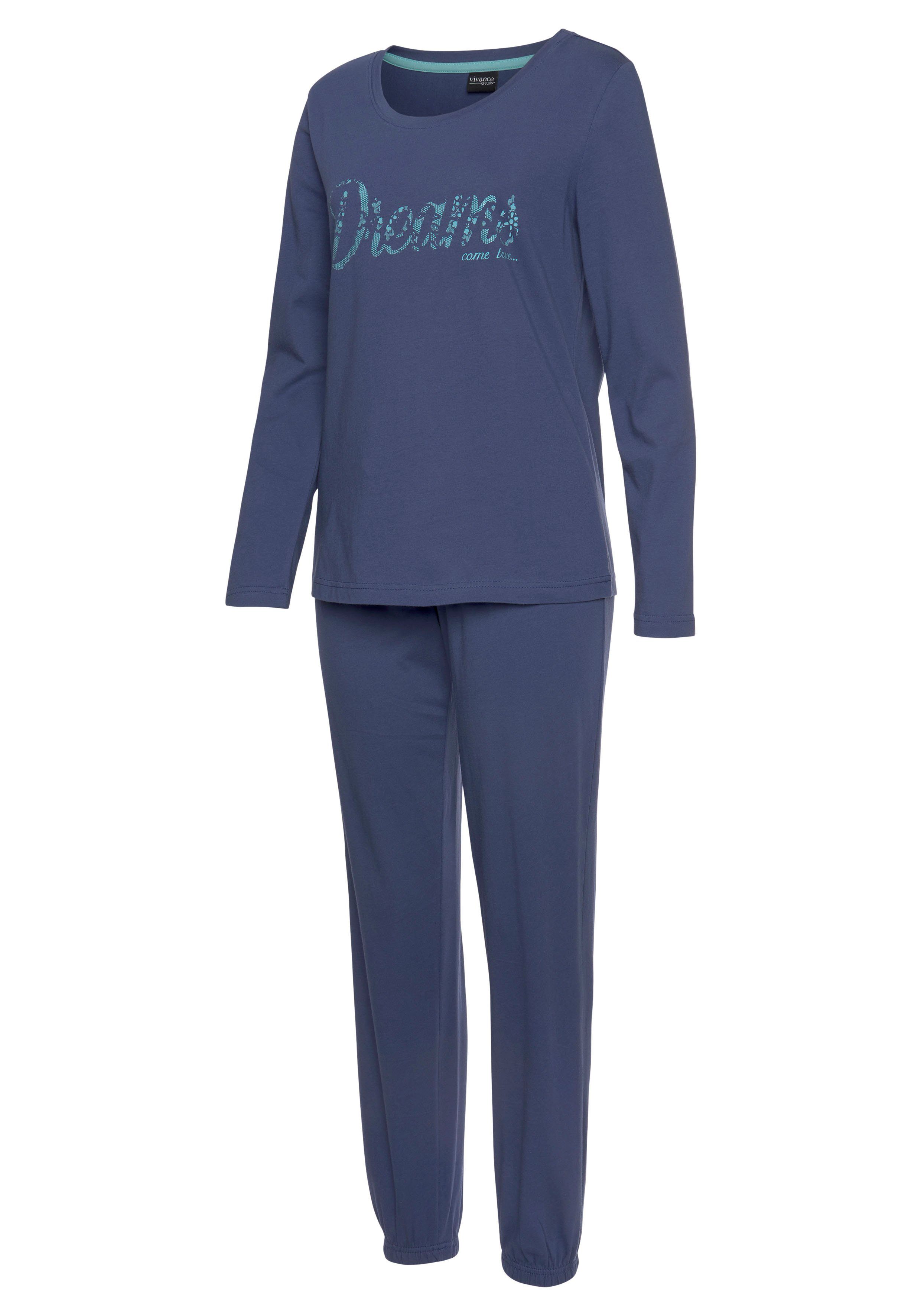 Vivance Dreams Pyjama (Set, Frontschriftzug blau, dunkelblau tlg) mit 3