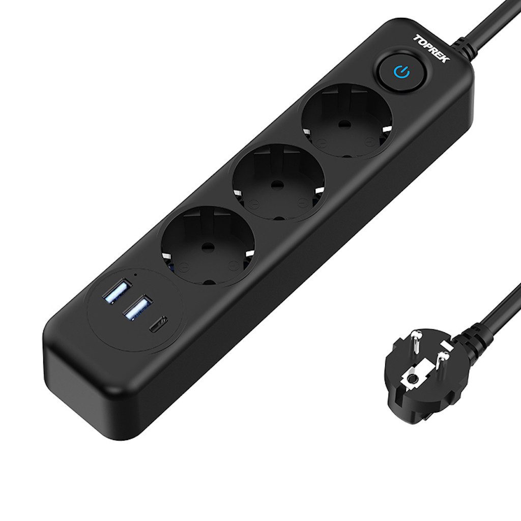 KUPU Mehrfachsteckdose mit 2 USB-A &1 USB-C Mehrfachsteckdose 3-fach (Ein- / Ausschalter, USB-Anschlüsse, Schalterbeleuchtung, Überlastungsschutz), Wandmontage