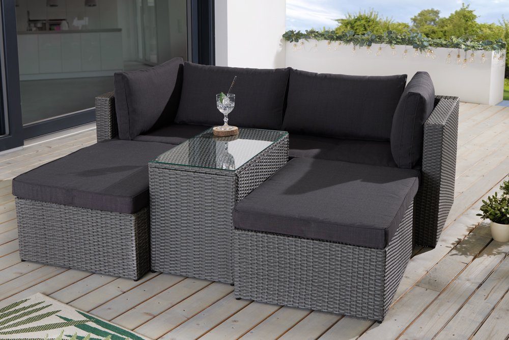 riess-ambiente Loungeset XXL MODULAR grau - Rattan, Stahl, Glas, Sessel, Tisch, Hocker, Outdoor, (Set, 5-tlg), wetterfeste Gartenmöbel & waschbarer Bezug - ideal für Terrasse/Balkon
