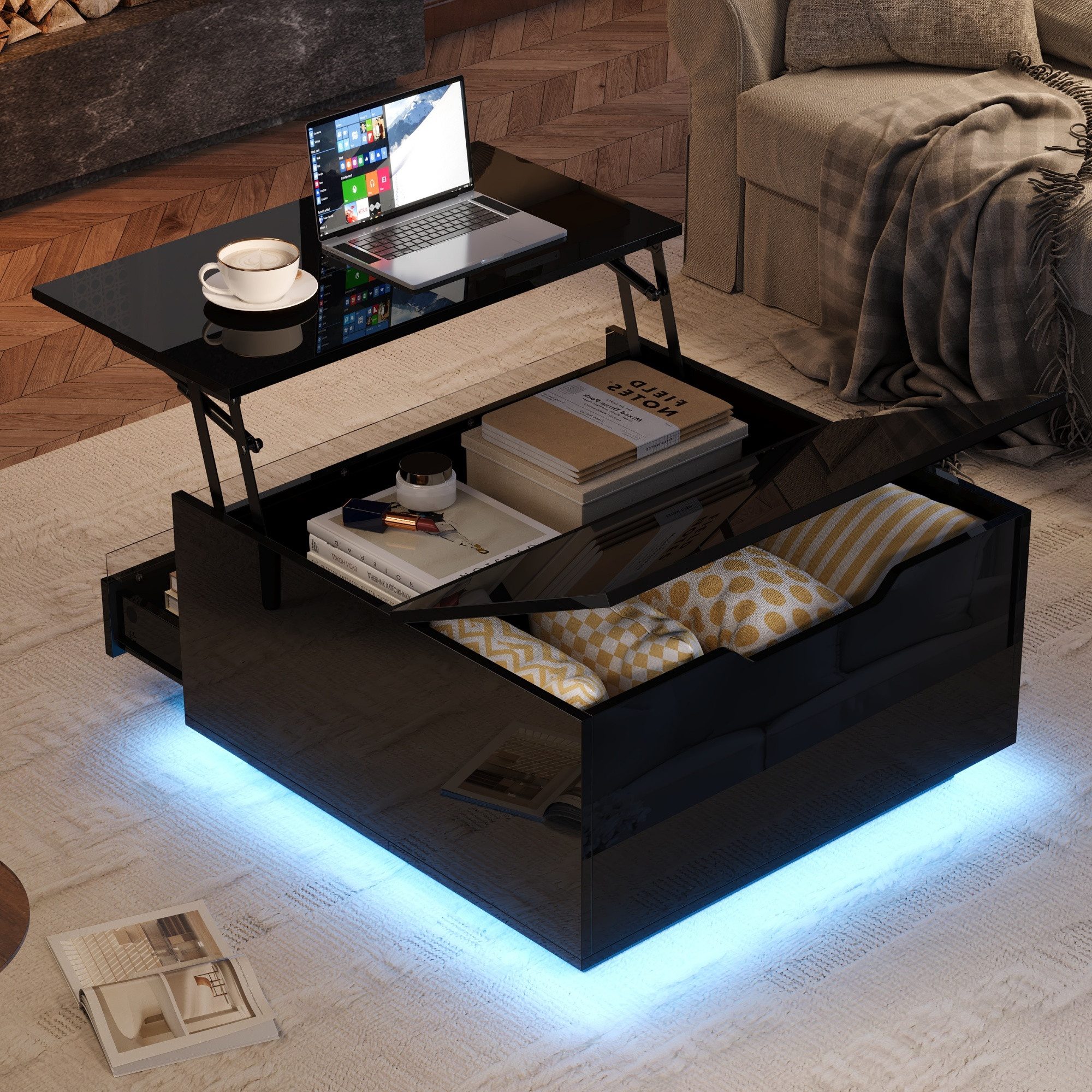KLAM HOME Hochglanz Couchtisch Schwarz mit LED Beleuchtung & Stauraum (Höhenverstellbarer Kaffeetisch mit Schublade & Acryl Lichtdesign), Moderner quadratischer Sofatisch mit App gesteuerter RGB LED