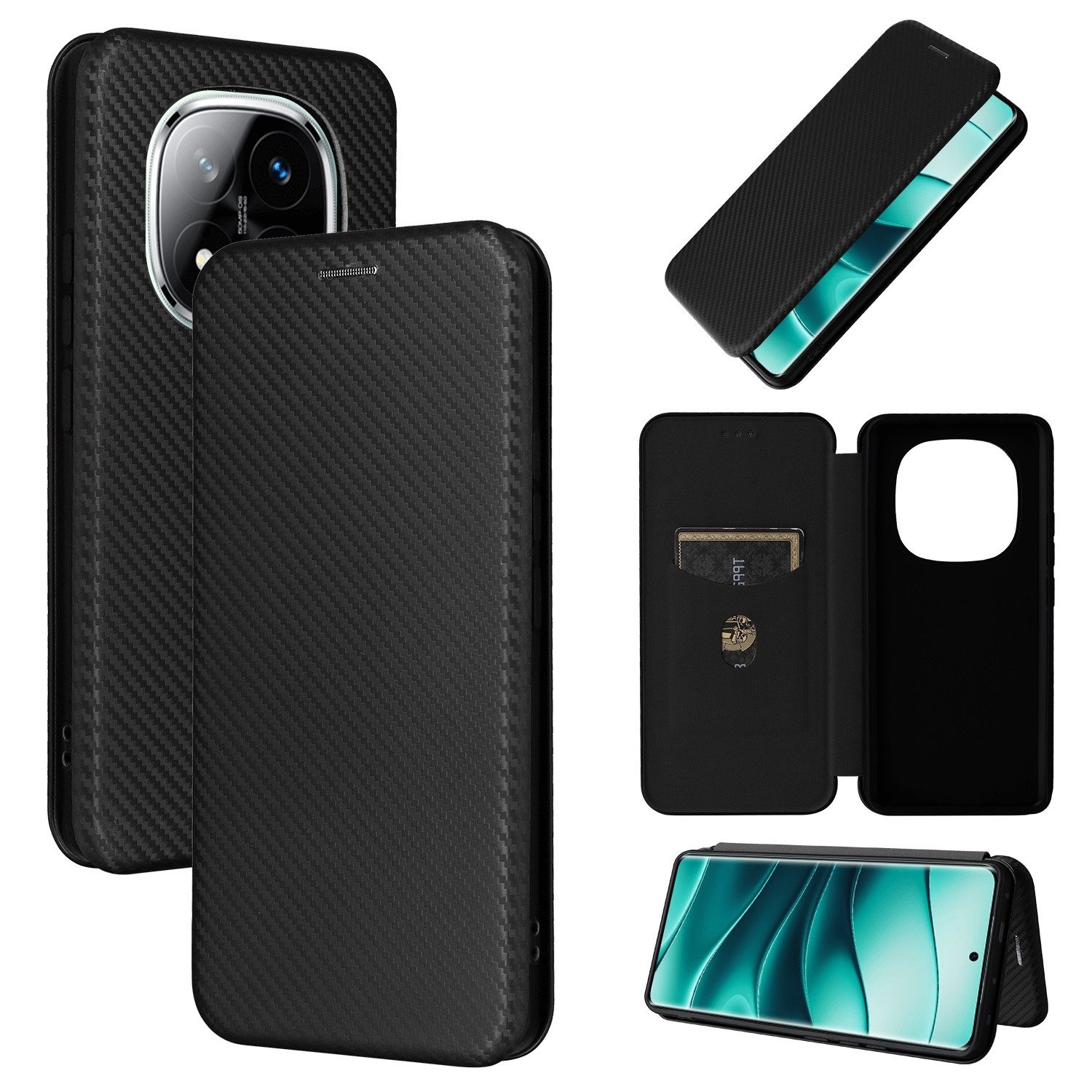 Wigento Smartphone-Hülle Für Xiaomi Redmi Note 14 Pro 4G Carbon Faser Design Schutz Hülle Case, Carbon Faser Flip Schutzhülle mit Kartenfach und Ständer