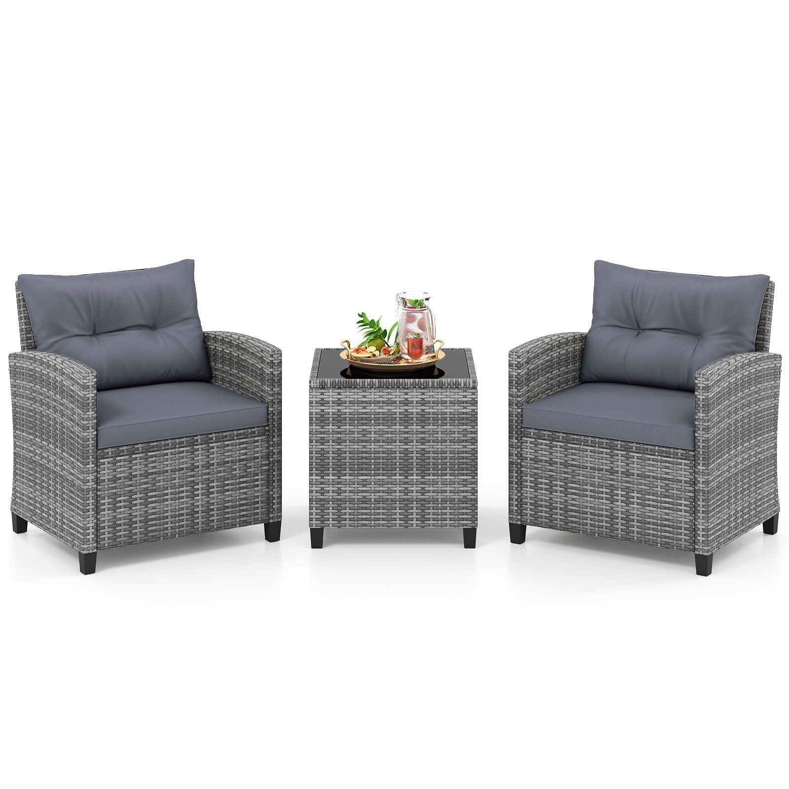 COSTWAY Balkonset, (3-tlg), Rattan Gartenmöbel Set, Balkonmöbel klein mit Kissen