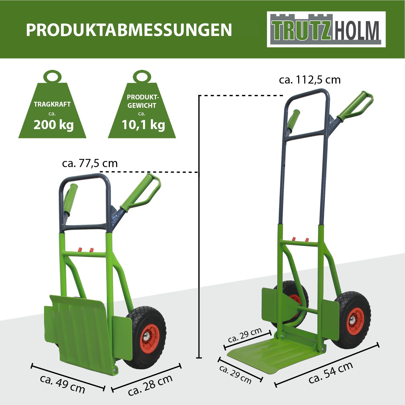 TRUTZHOLM Sackkarre Handkarre Stahl 200 kg 113 cm Höhe große klappbare Ladefläche PU-Räder, Hohe Traglast, robustes Gestell, ergonomische Handgriffe