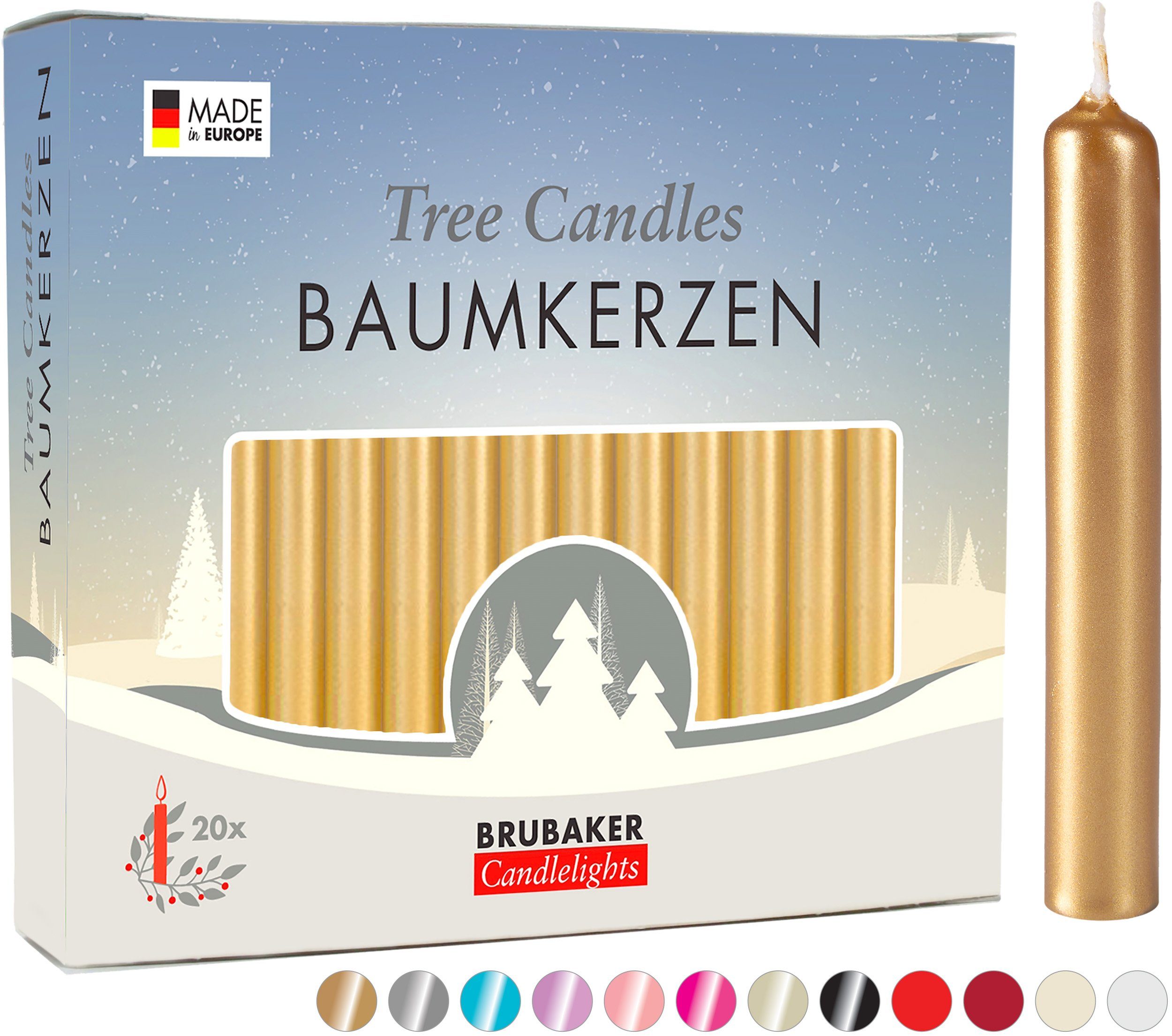 BRUBAKER Tafelkerze Baumkerzen aus Wachs (1 Packung Christbaumkerzen, 20-tlg), rauchfreie und geruchsneutrale Pyramidenkerzen, Wachskerzen für Weihnachtsdekoration, bunte Weihnachtskerzen