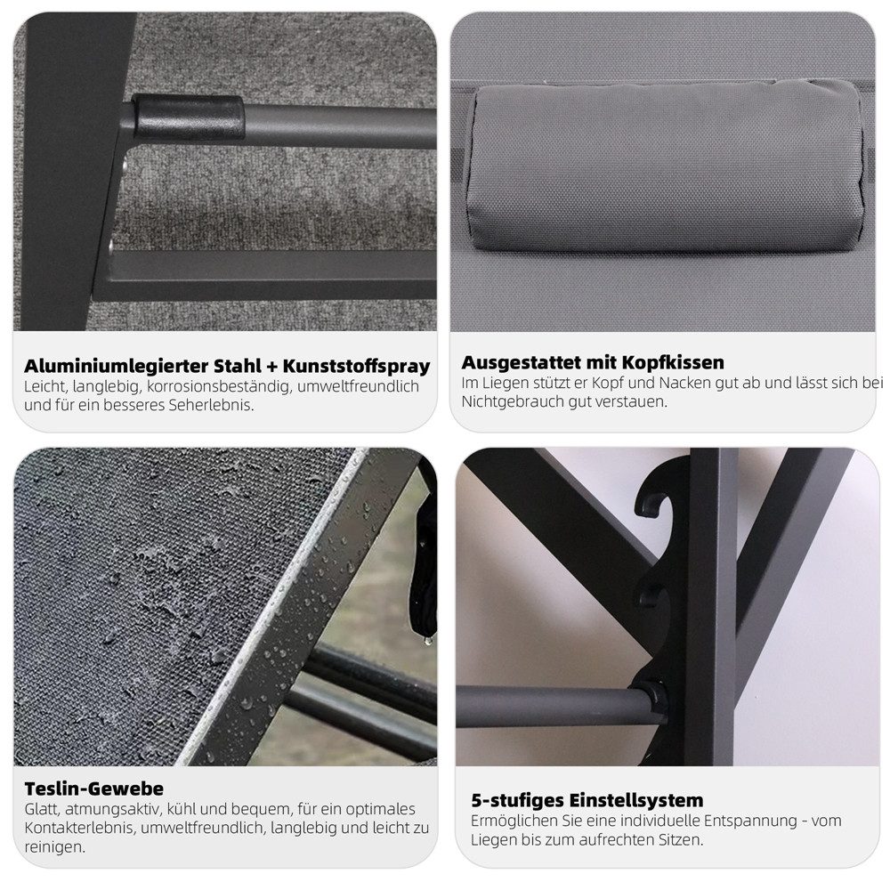 Mucola Gartenliege Sonnenliege Aluminium Liegestuhl Terrassenliege Relaxliege, Stück, 2 St., 2-tlg., 5-fach verstellbare Rückenlehne